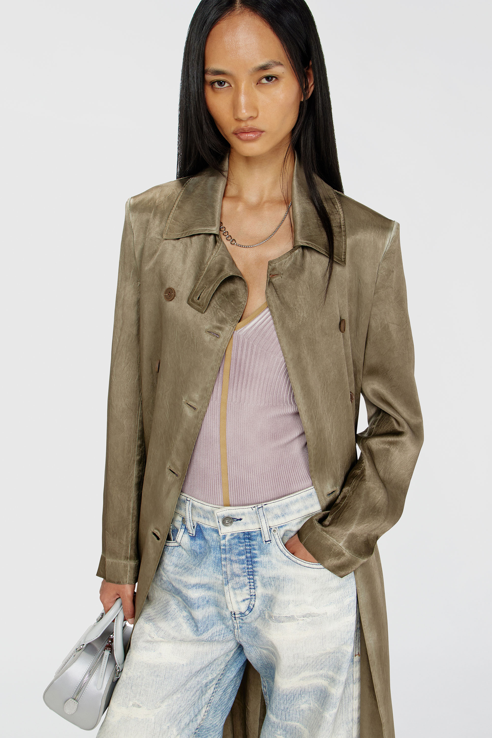 Diesel - G-LADES, Woman's Trench coat in wrinkled satin in Light Brown - 6
