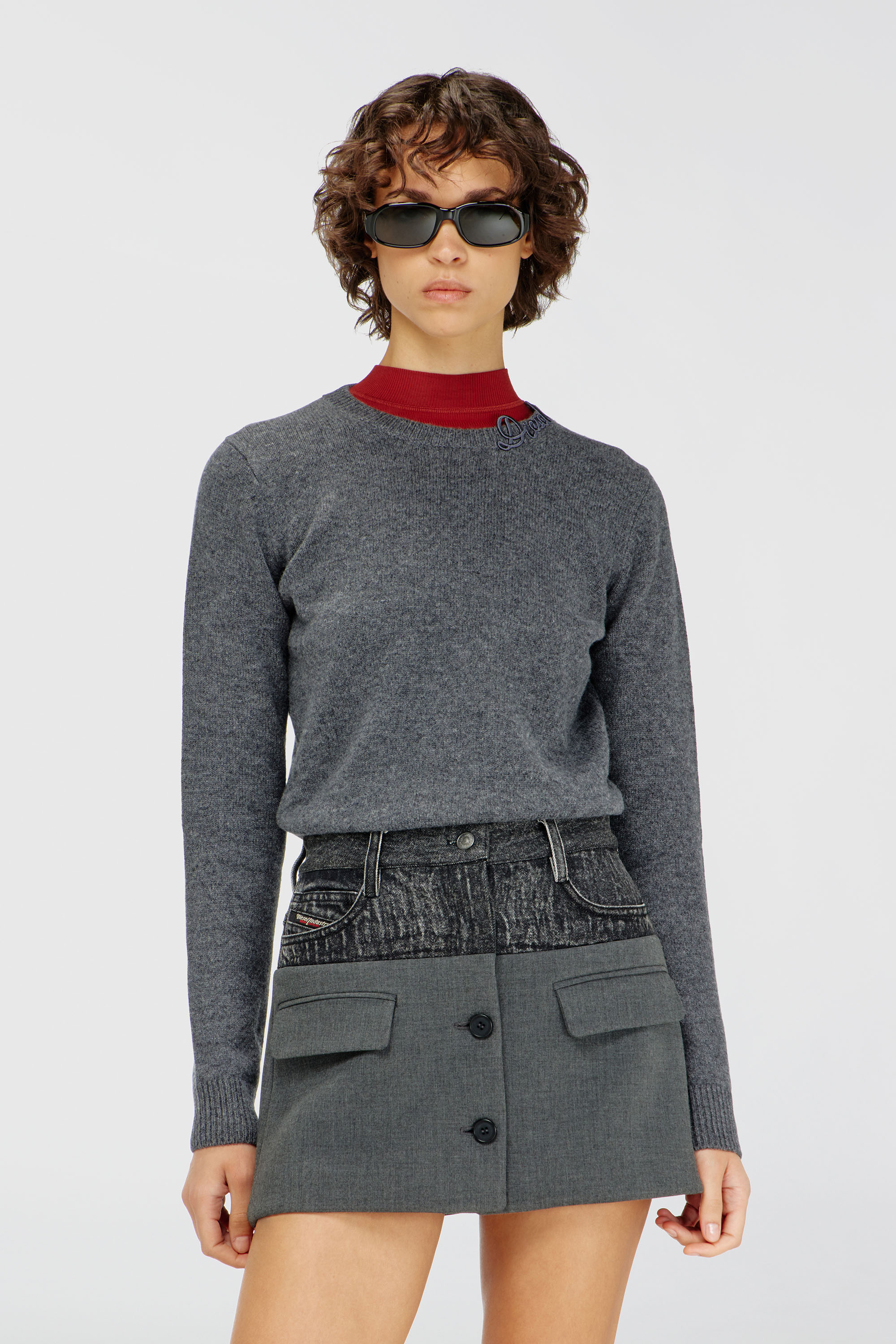 Diesel - M-IMARA, Woman's Wool jumper with embroidered neck logo in Grey - 1