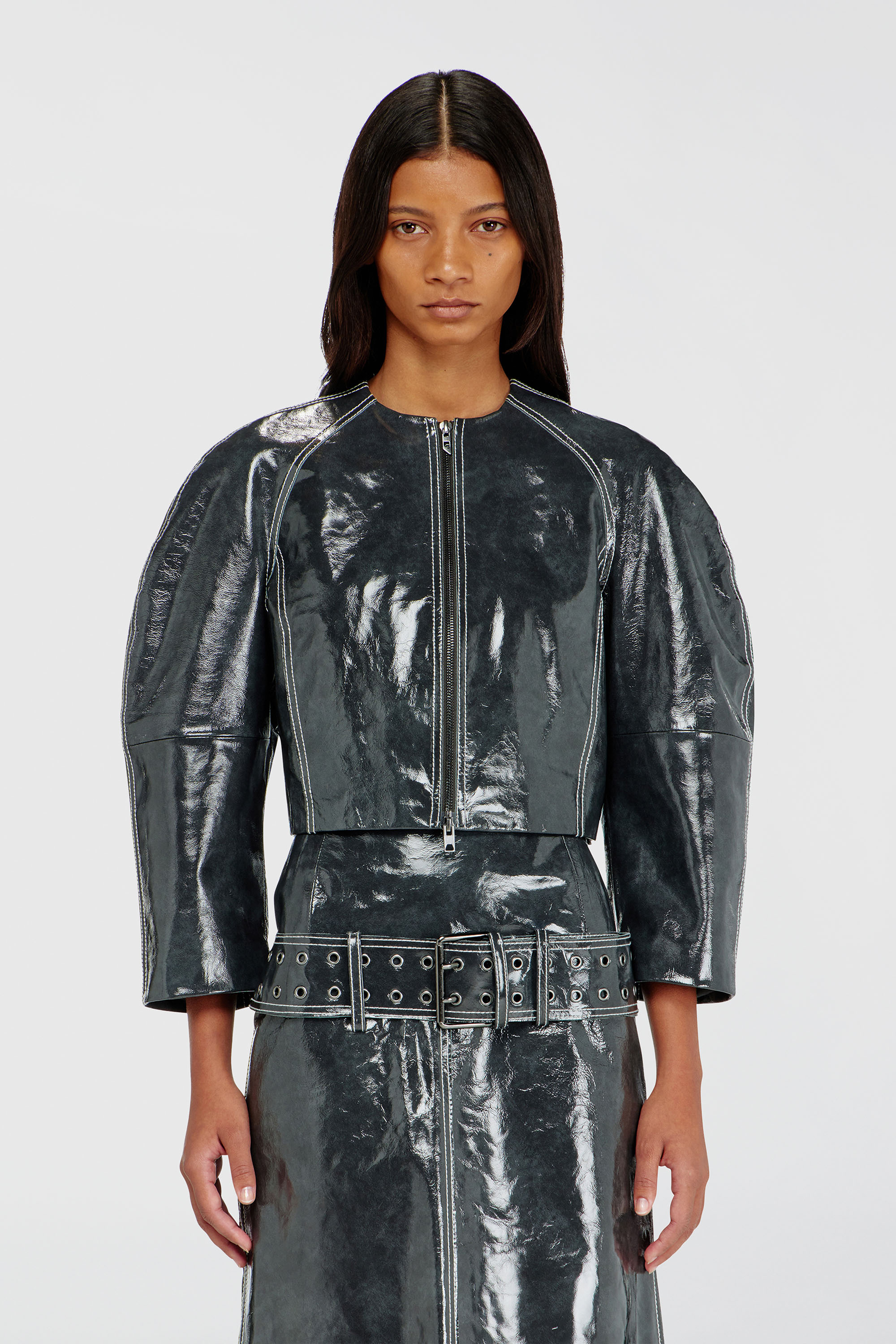 Diesel - L-ANDON, Woman's Patent-leather jacket with cocoon sleeves in Dark grey - 3