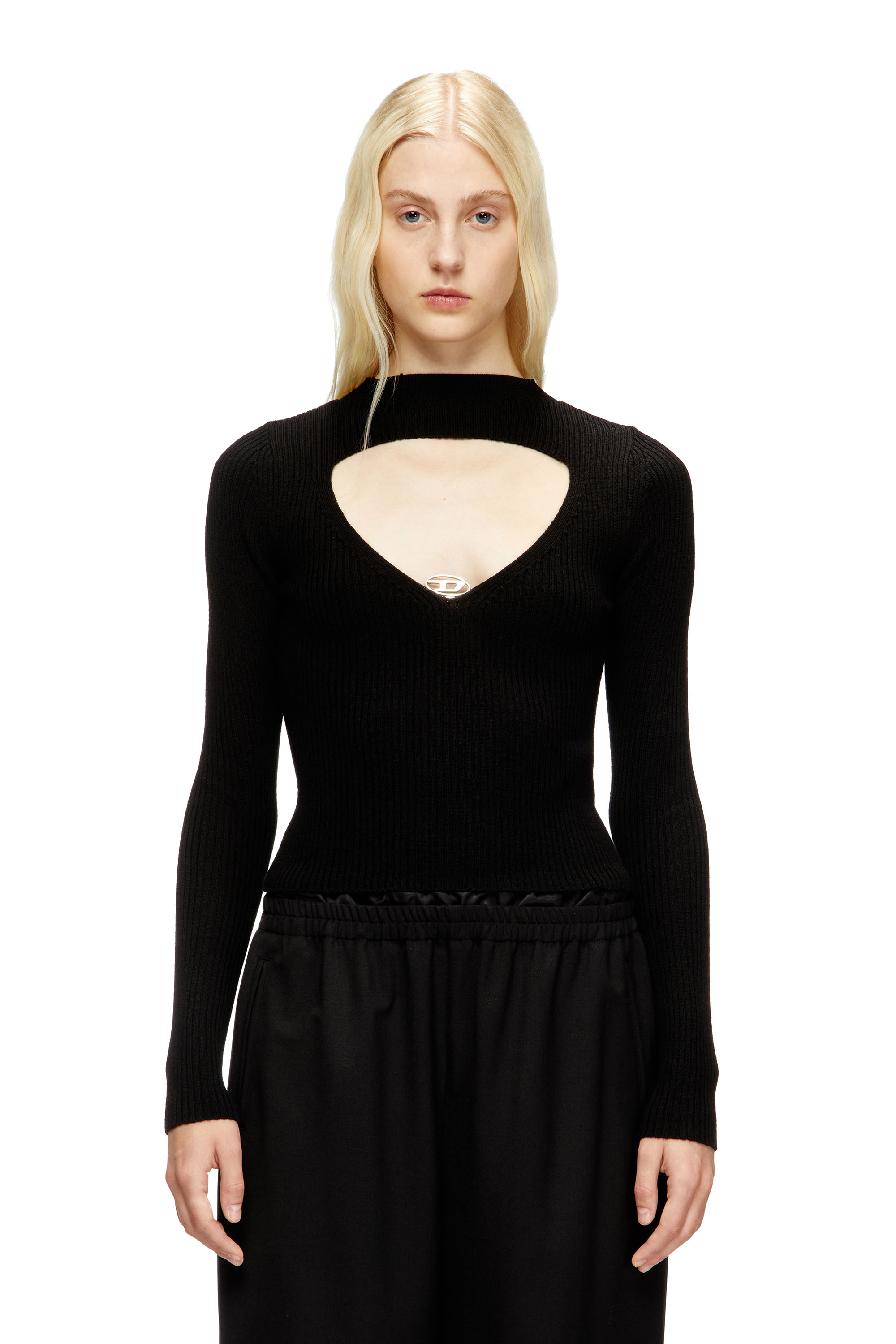Diesel - M-OLINA, Woman's Ribbed wool jumper with cut-out in Black - 1