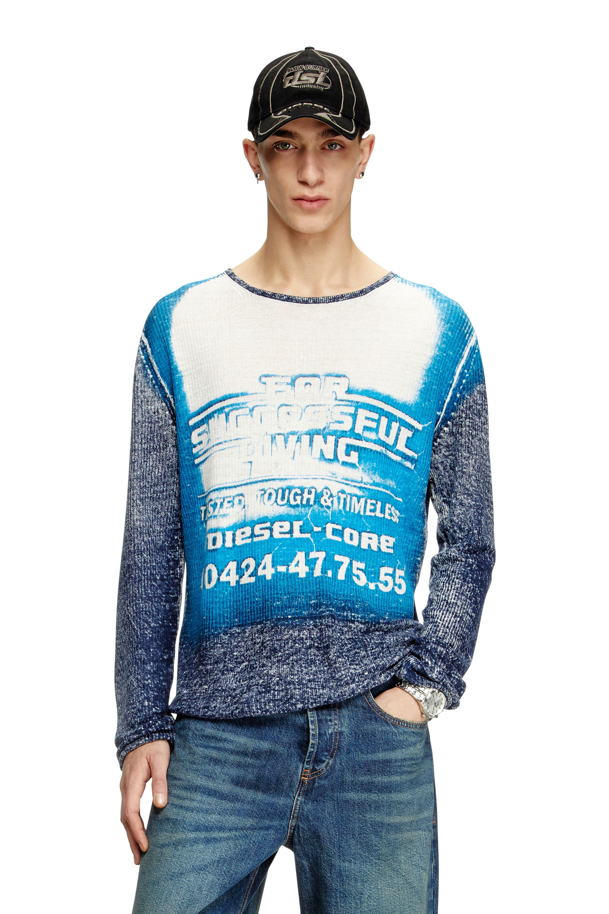 Diesel - K-ROD, Man's Linen jumper with logo graphic in Blue - 1