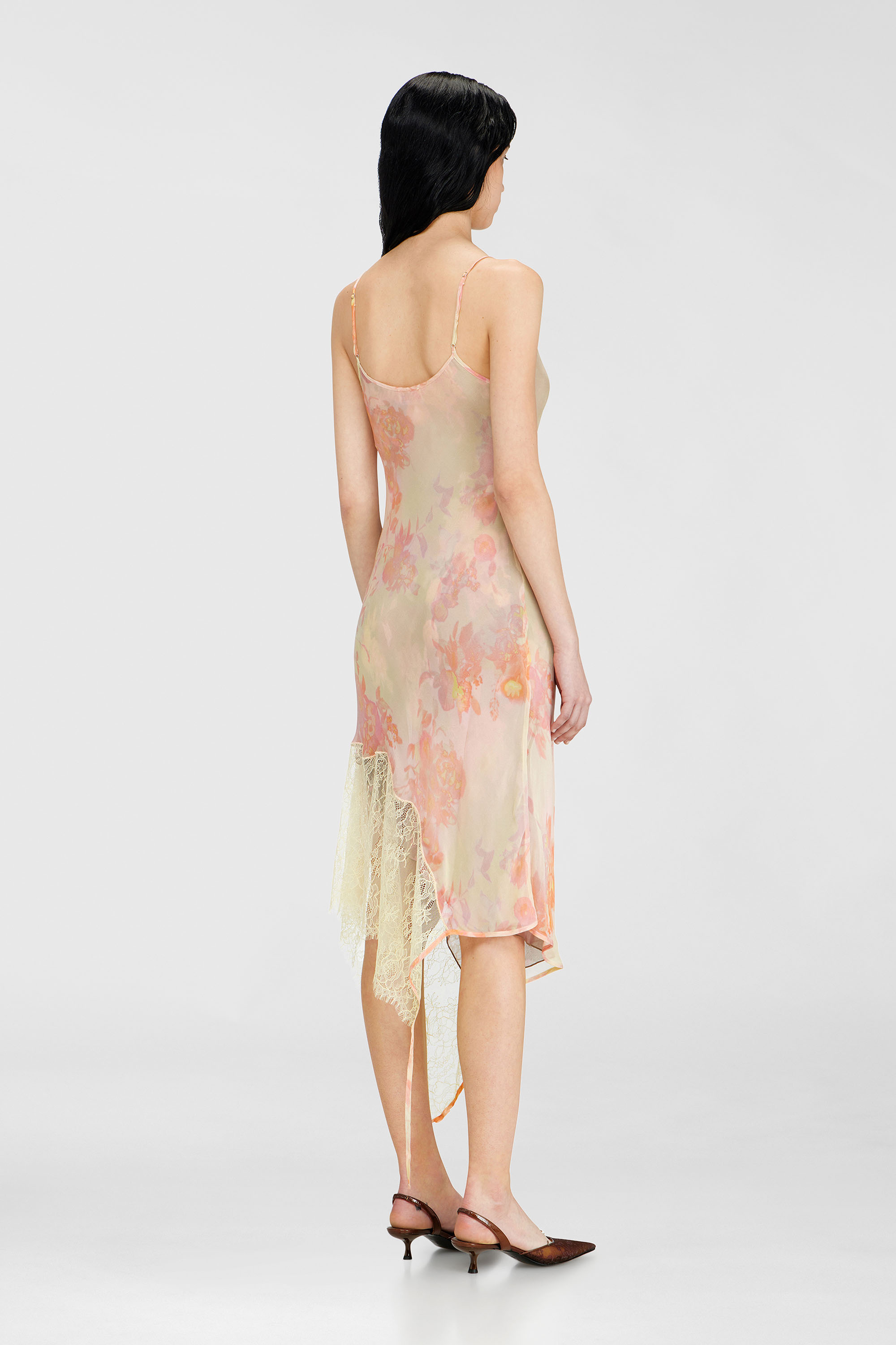 Diesel - D-ANCEL, Woman's Midi slip dress with floral print and lace trim in Pink/Yellow - 4