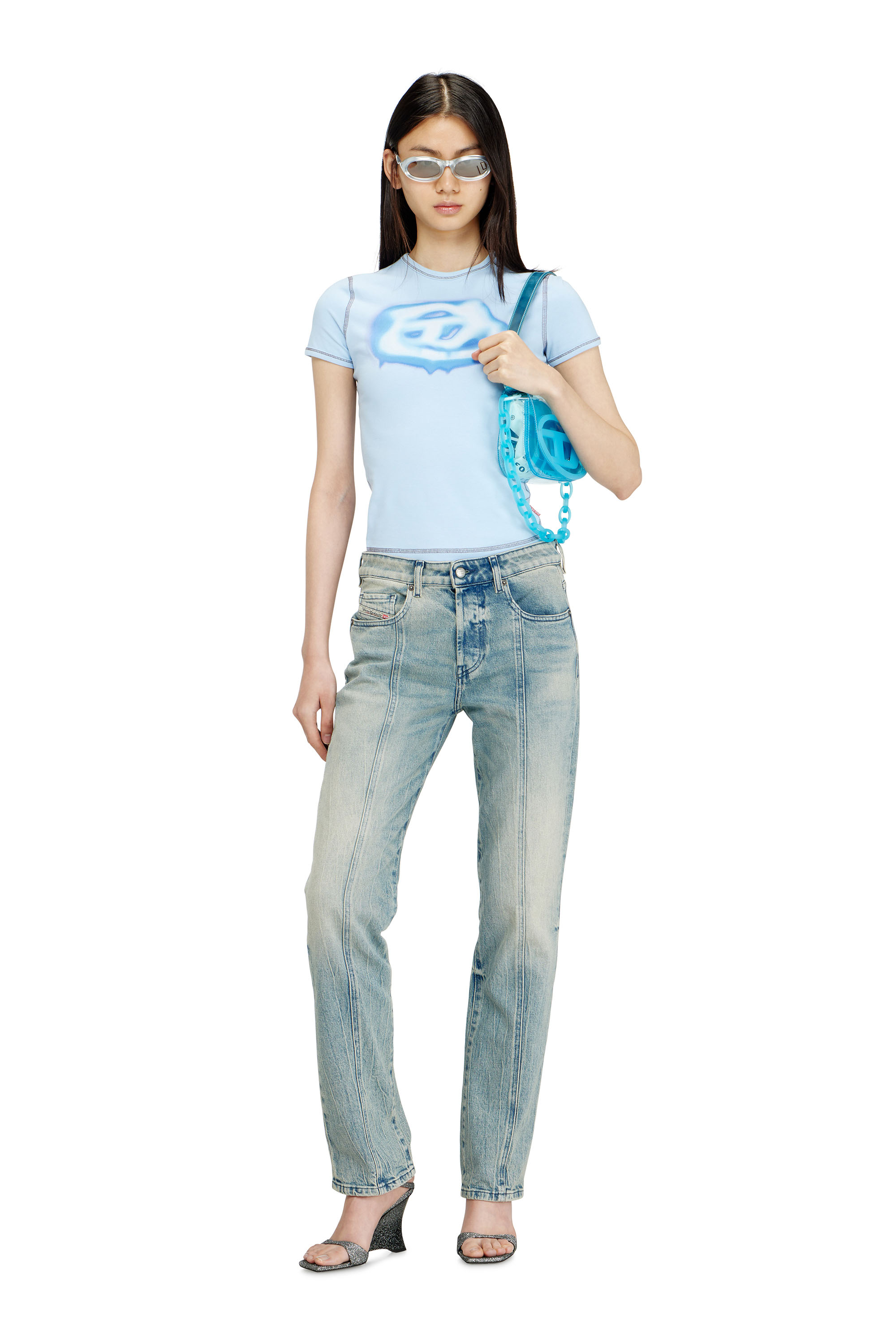 Diesel - T-UNCUTIES-LONG-S3, Woman's Slim T-shirt with graffiti-effect logo in Azure - 2