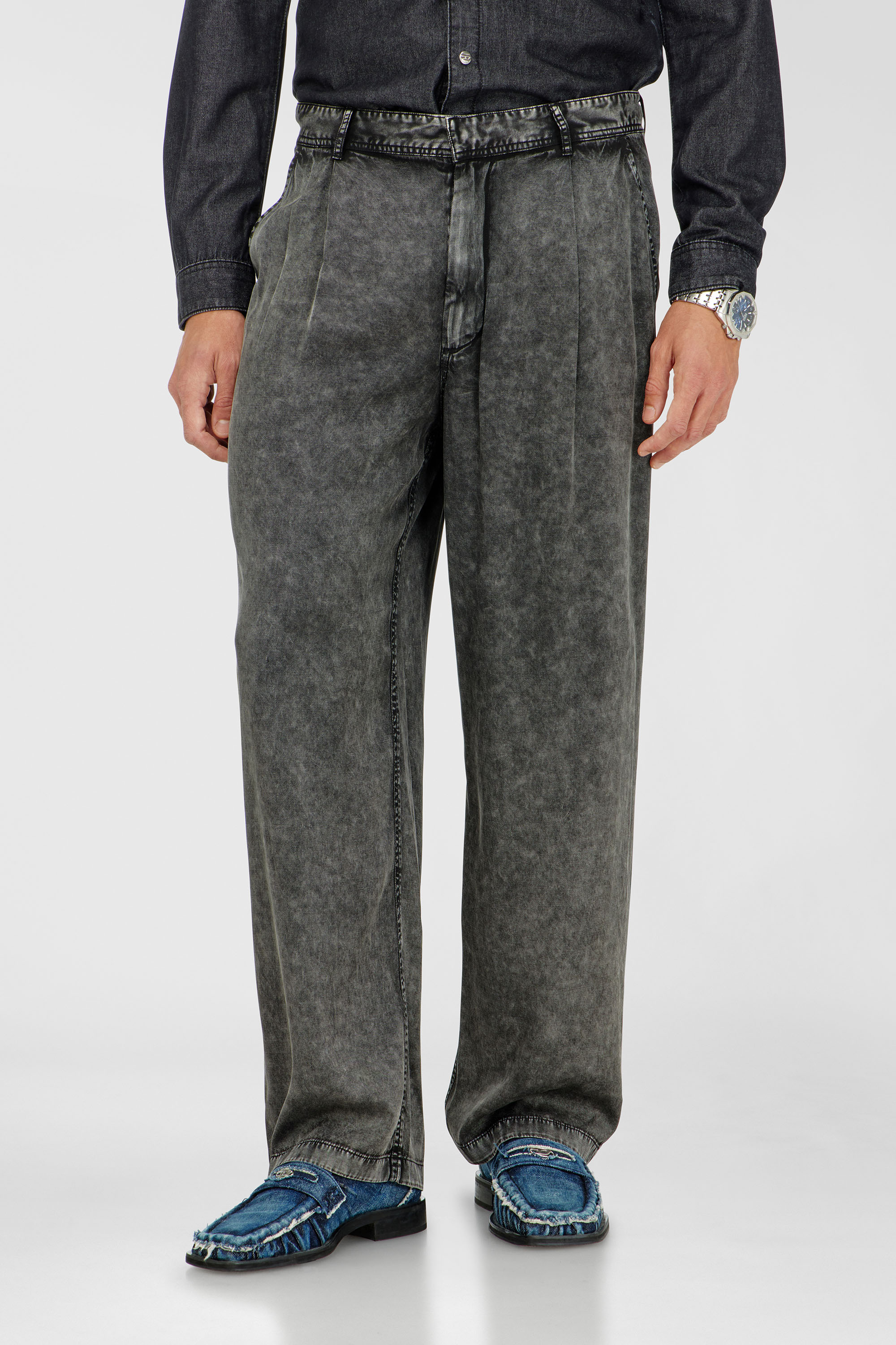 Diesel - P-FAUST-NIBC, Man's Wide-leg pants in denim-effect viscose in Black - 3