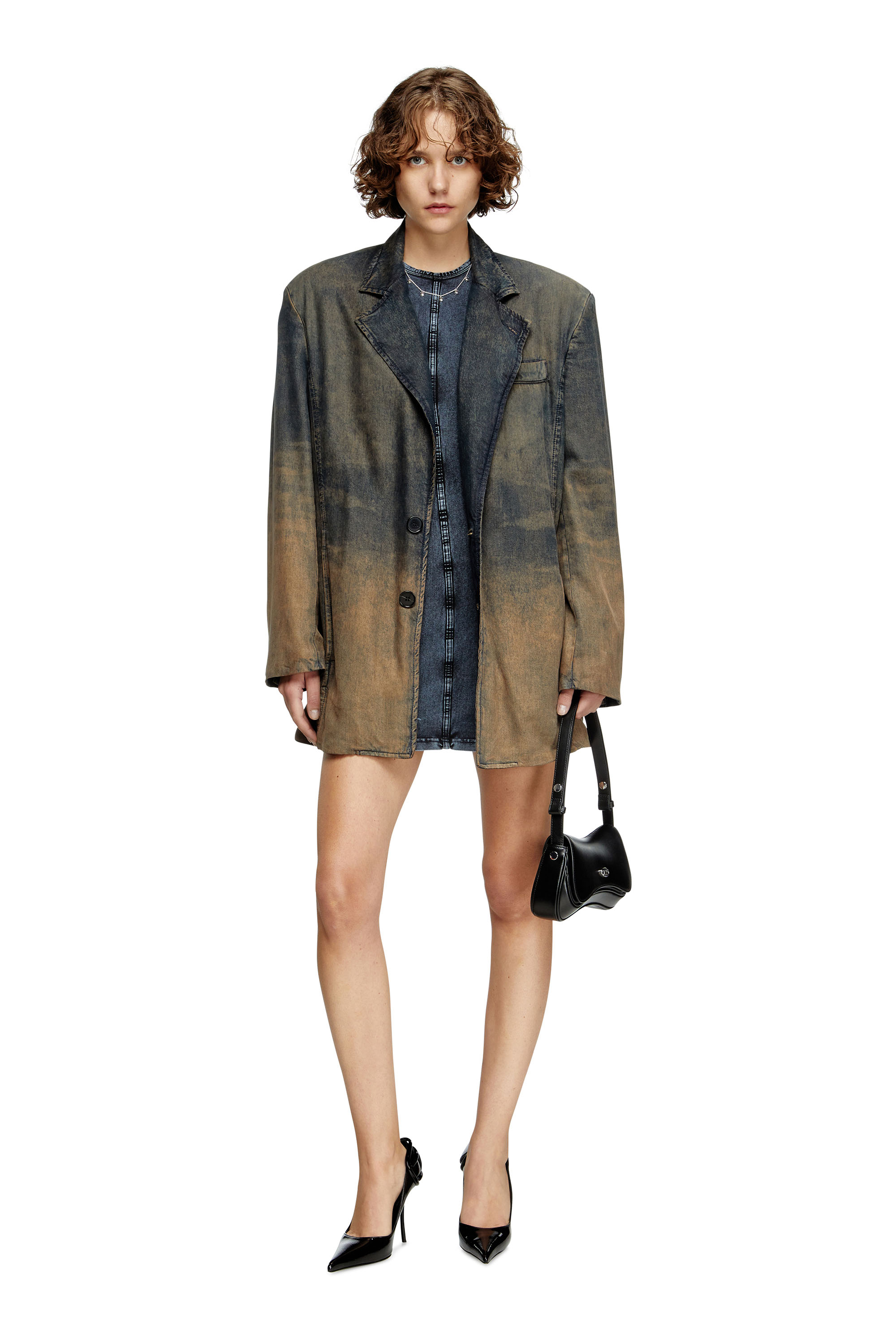 Diesel - D-CUPSLEEVES, Woman's Mini dress in denim-look jersey in Dark Blue - 1