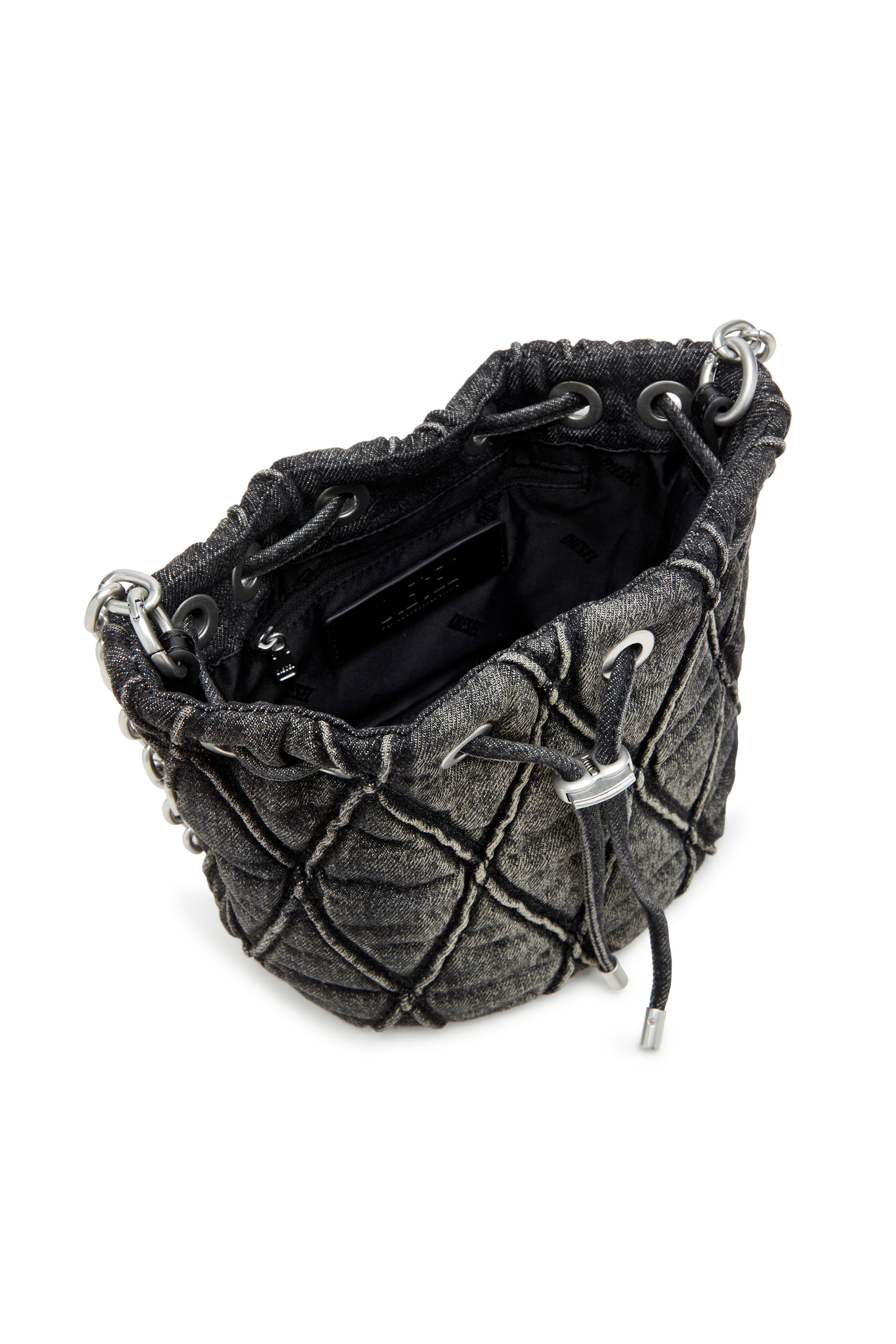 Diesel - CHARM-D BUCKET S, Woman's Charm-D S-Mini bucket bag in treated quilted denim in Black - 3