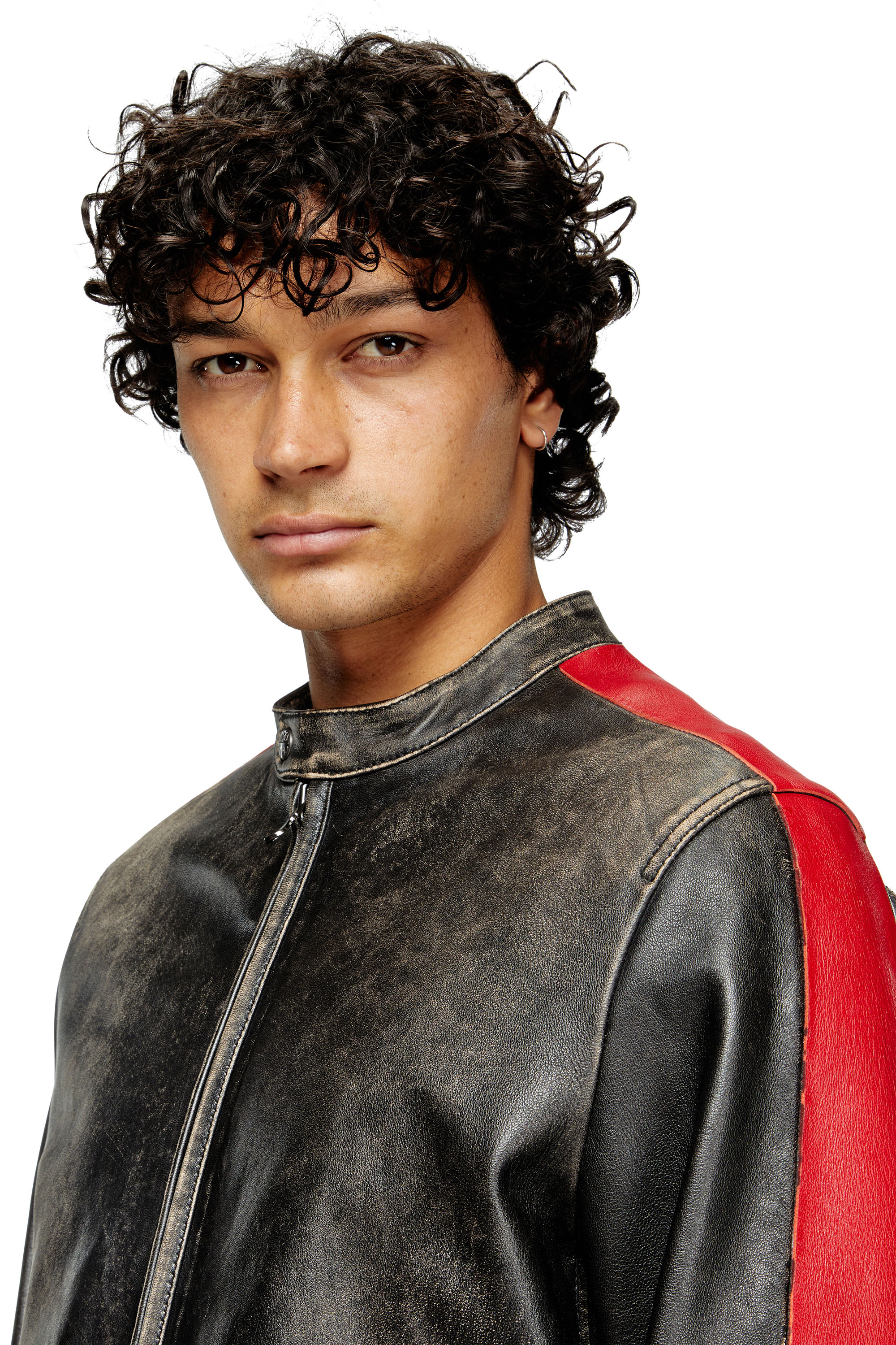 Diesel - L-RENN, Man's Leather jacket with contrasting stripes in Black/Red - 5