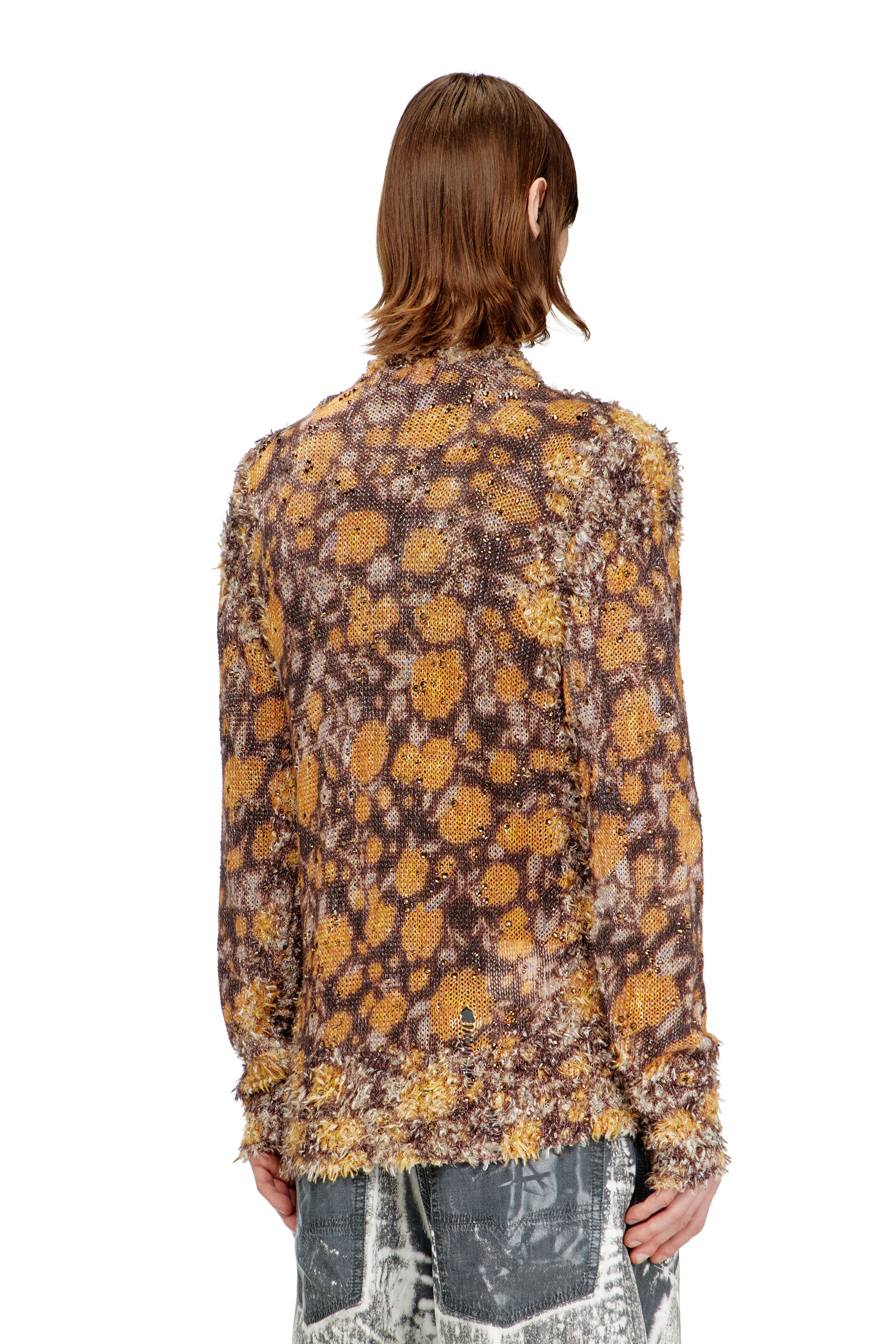 Diesel - K-LINNUS, Man's Printed linen-blend cardigan with crystals in Brown/Orange - 4