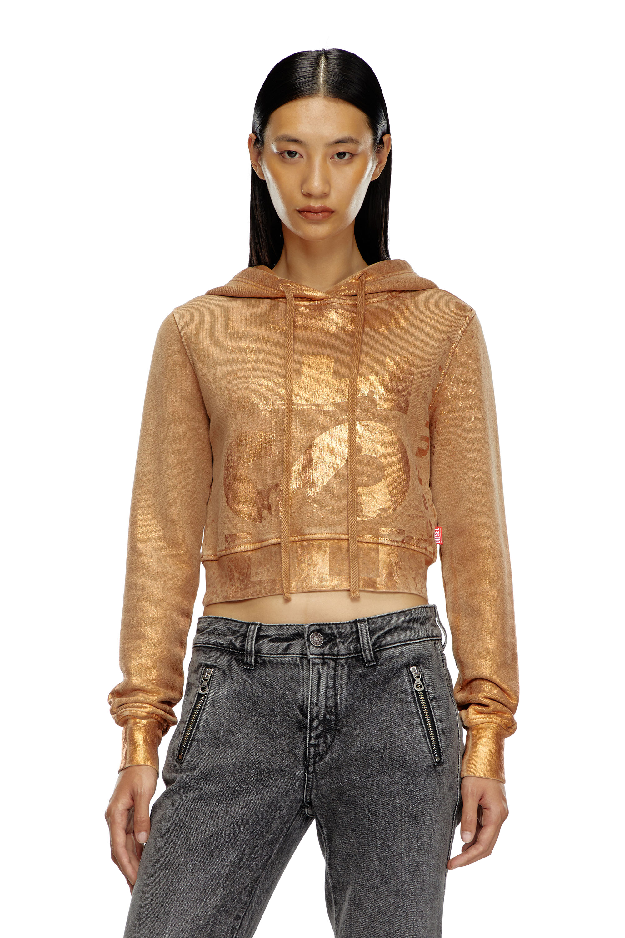 Diesel - F-SLIMMY-HOOD-P6, Woman Cropped hoodie with metallic effects in Brown - Image 1