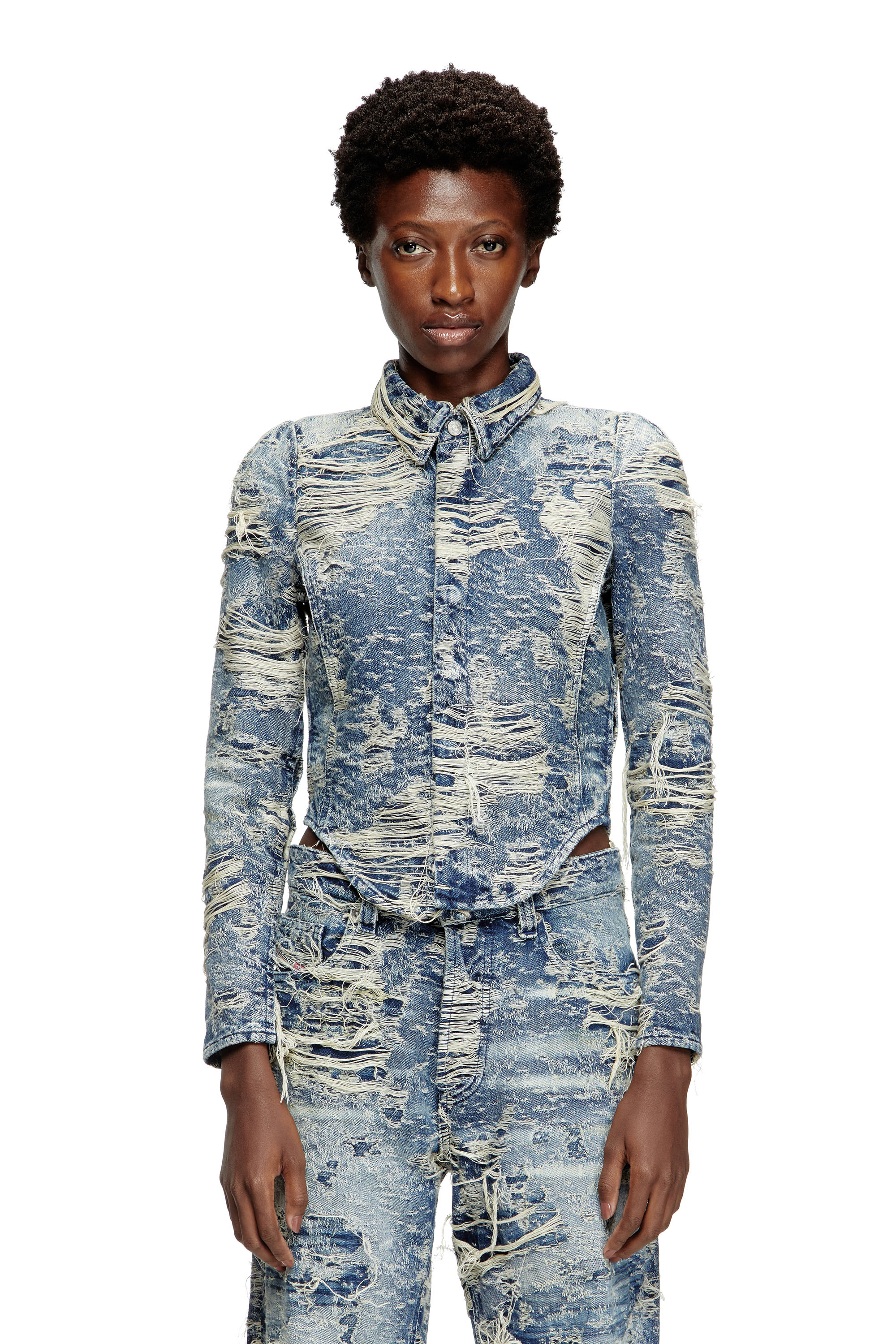 Diesel - DE-MADELINE-FSG, Woman's Shirt in jacquard denim with floating threads in Dark Blue - 1