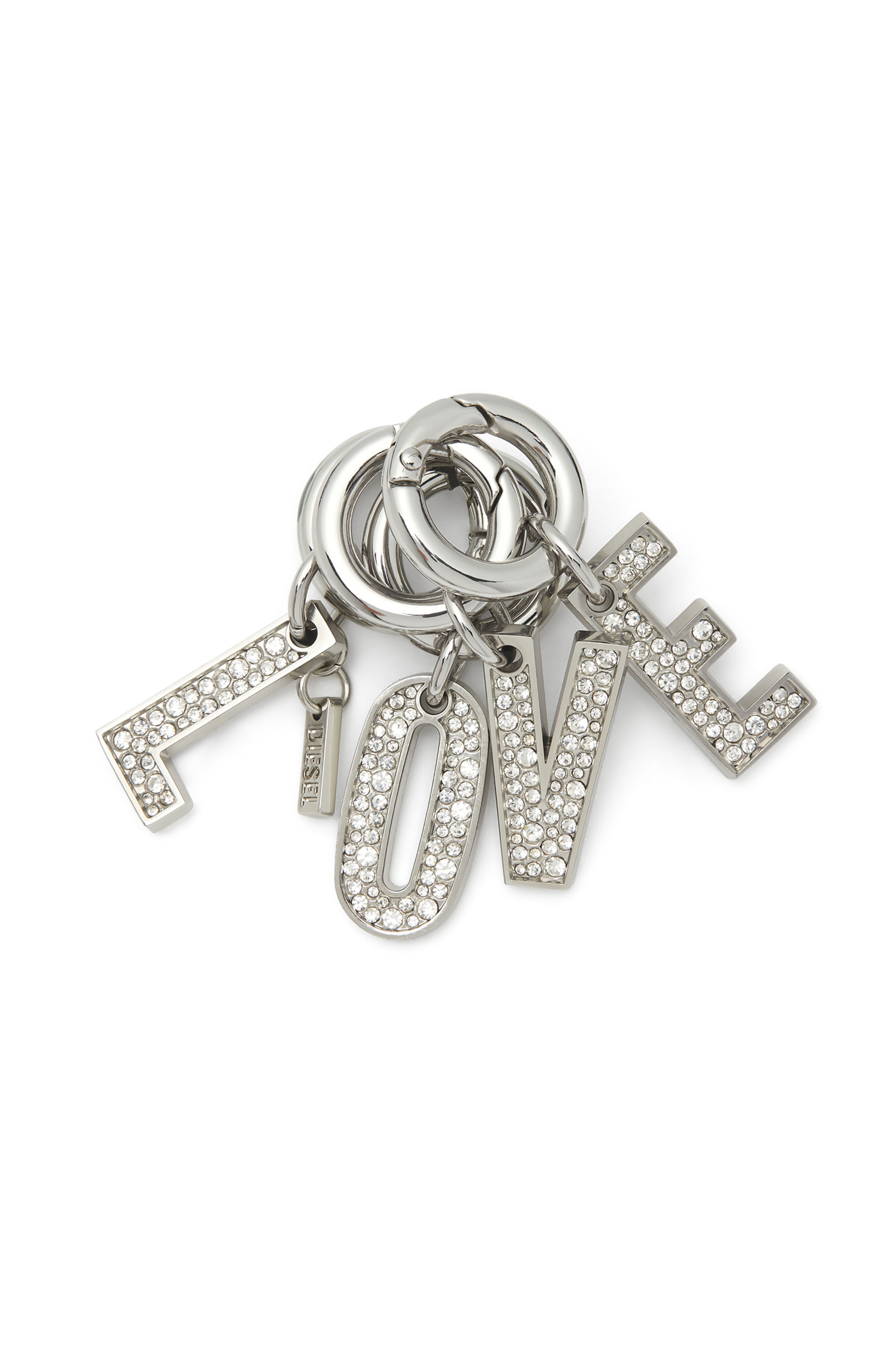 Diesel - CHARM-LOVE, Woman's Metal keyring with LOVE charms and crystal details in Silver - 1