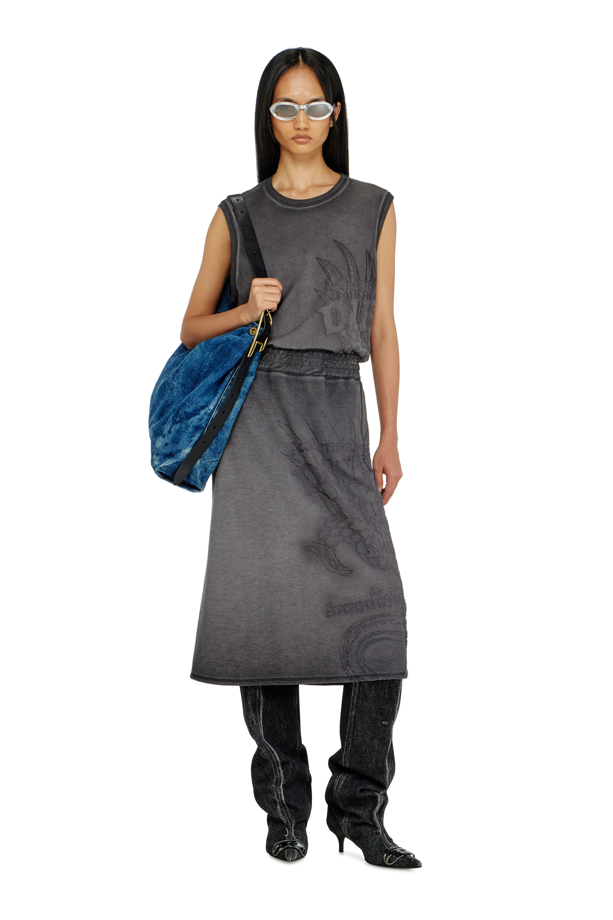 Diesel - O-BEAUTY, Woman's Fleece midi skirt with d&eacute;vor&eacute; print in Dark grey - 1