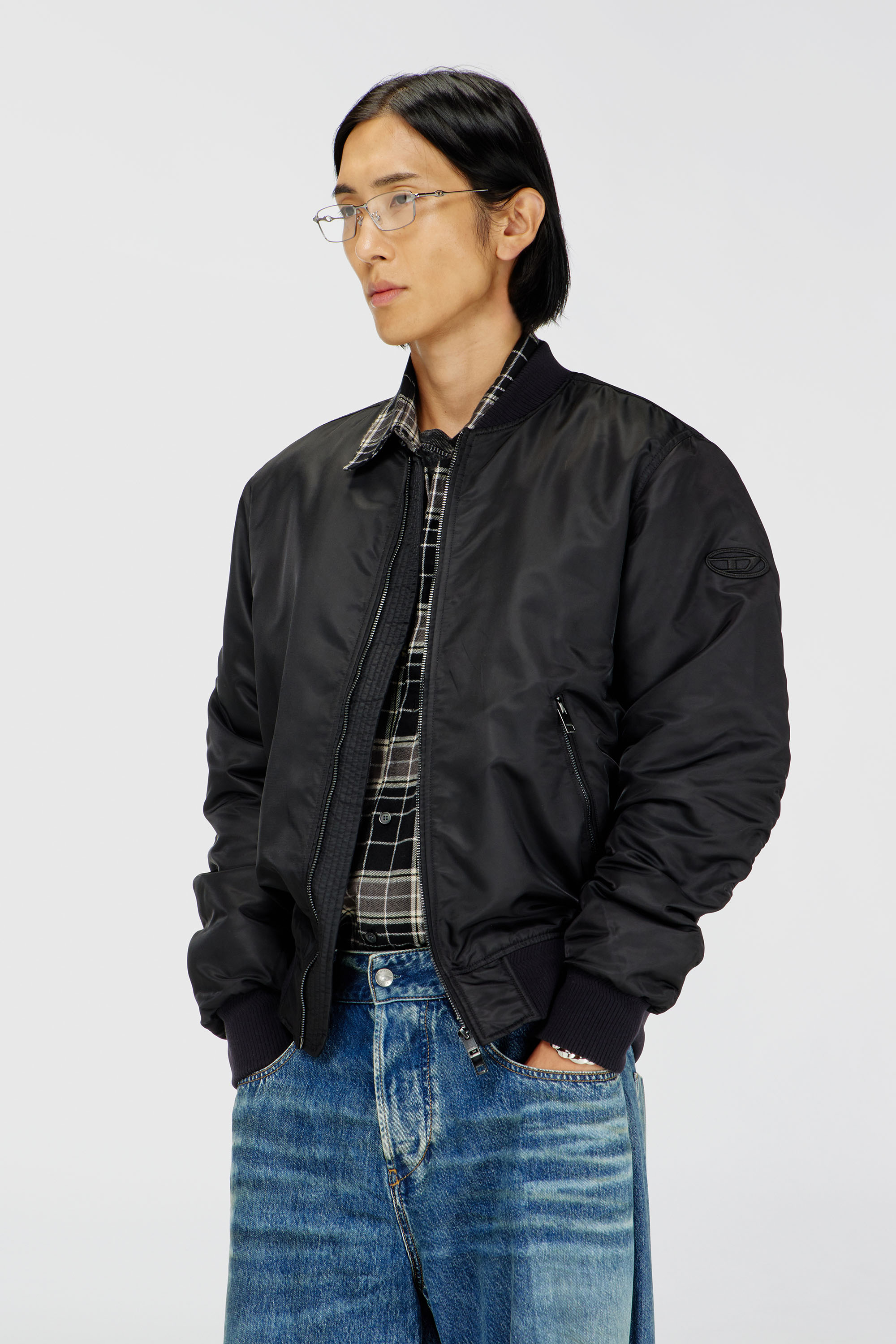 Diesel - J-ROSS-T92, Man's Nylon bomber jacket with ribbed trims in Black - 1