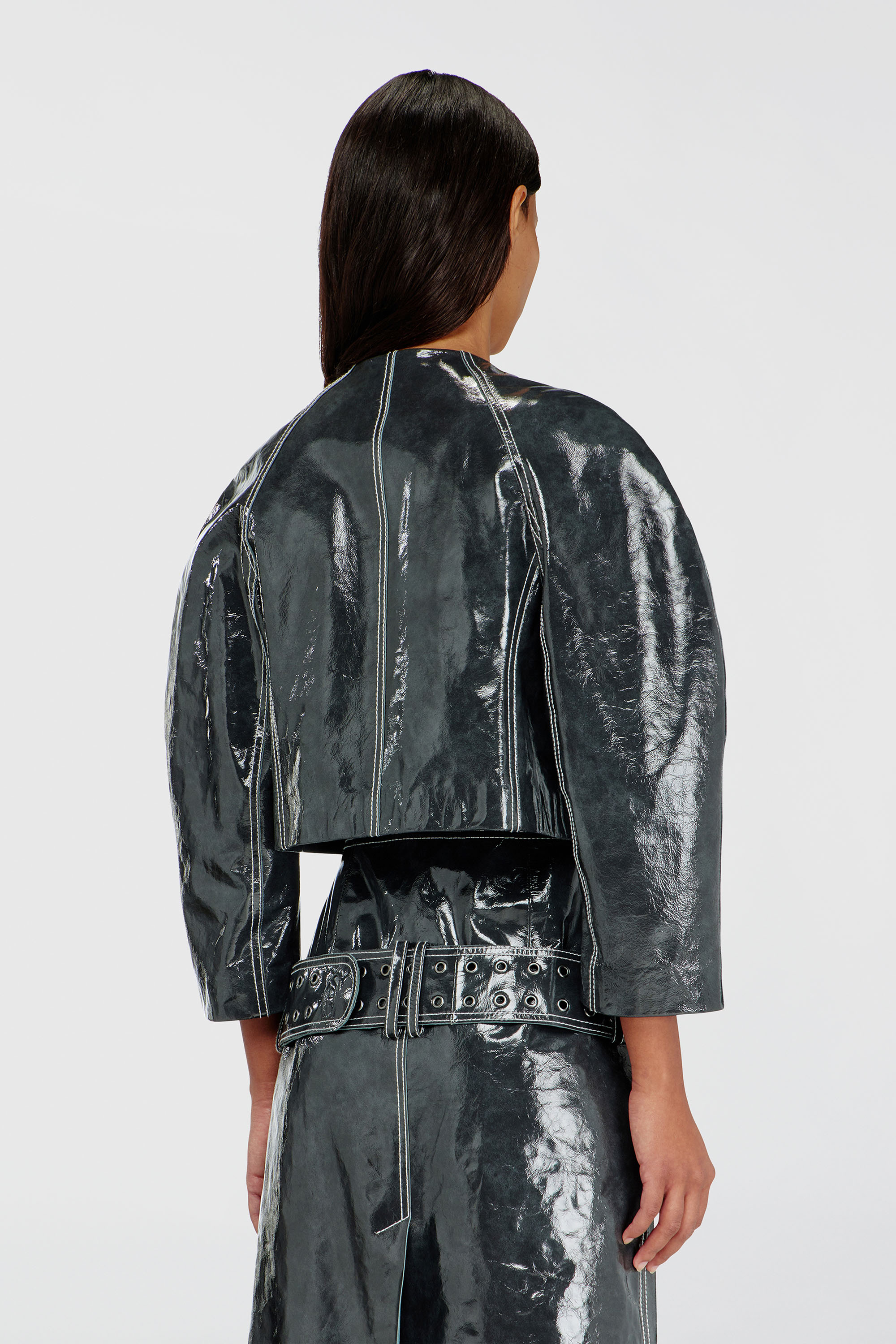 Diesel - L-ANDON, Woman's Patent-leather jacket with cocoon sleeves in Dark grey - 4