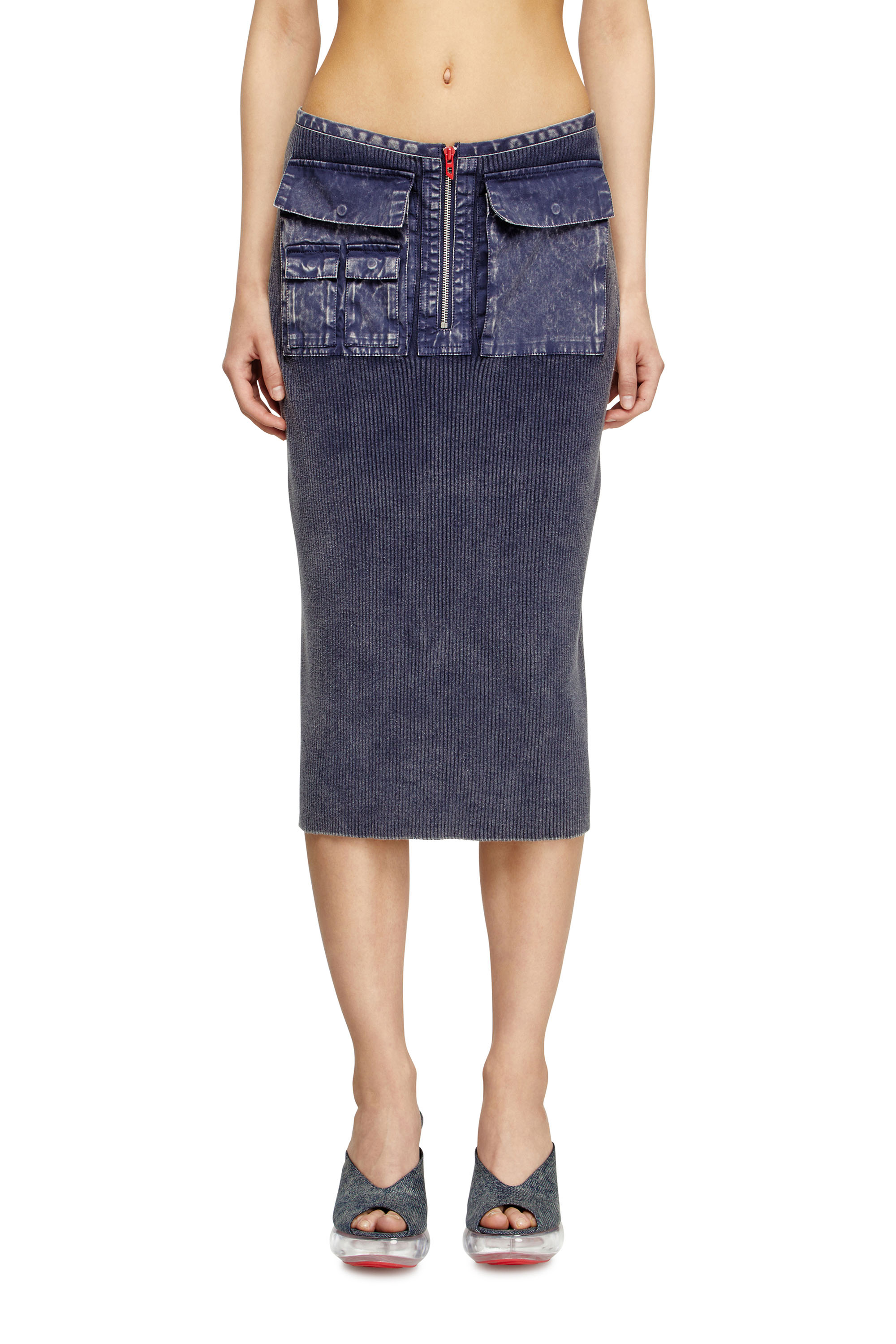 Diesel - M-MERYN, Woman's Knit midi skirt with denim cargo pockets in Blue - 3