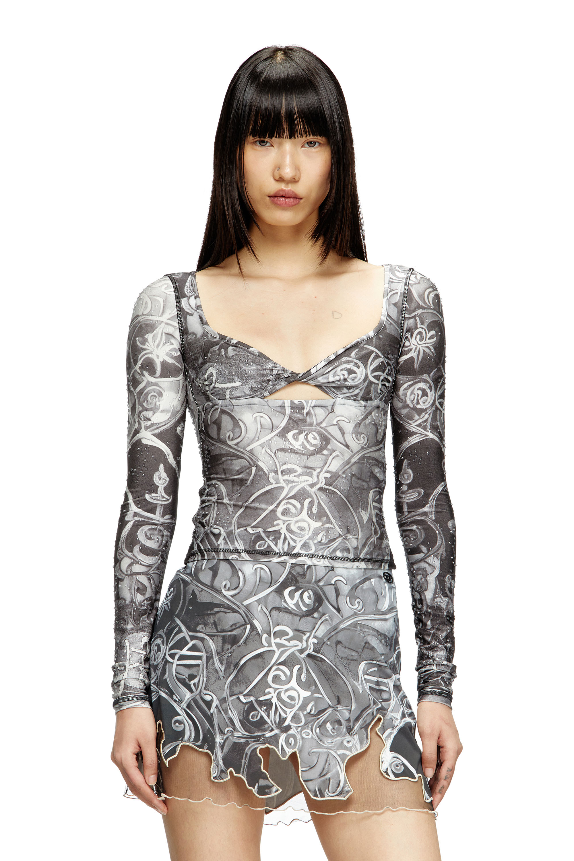 T-ANTICA-LS, Grey Diesel - T-ANTICA-LS, Woman's Printed top with crystal droplets in Grey - 3