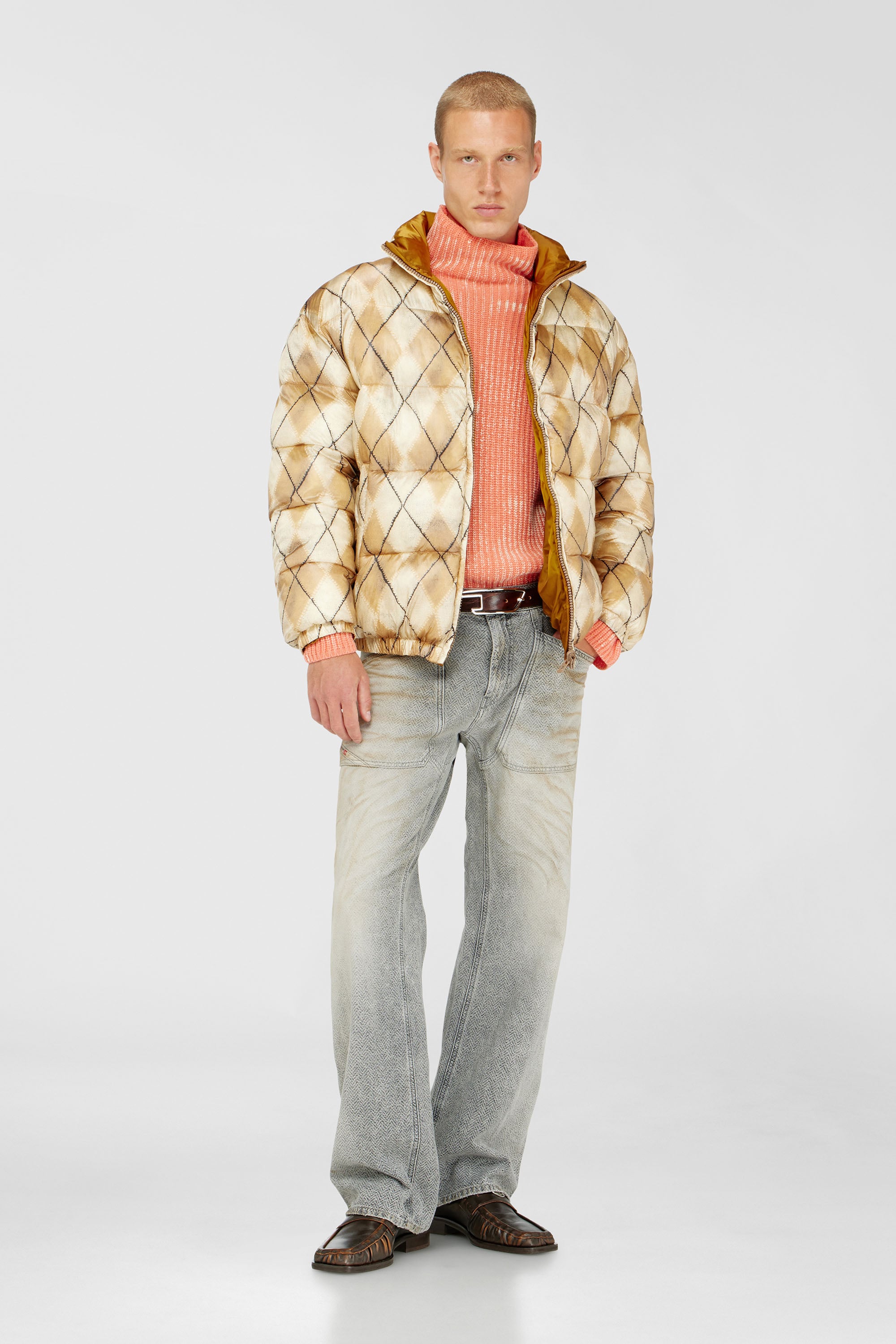 Diesel - W-BOURB-DLCK, Man's Reversible puffer jacket with argyle print in Beige/Brown - 1