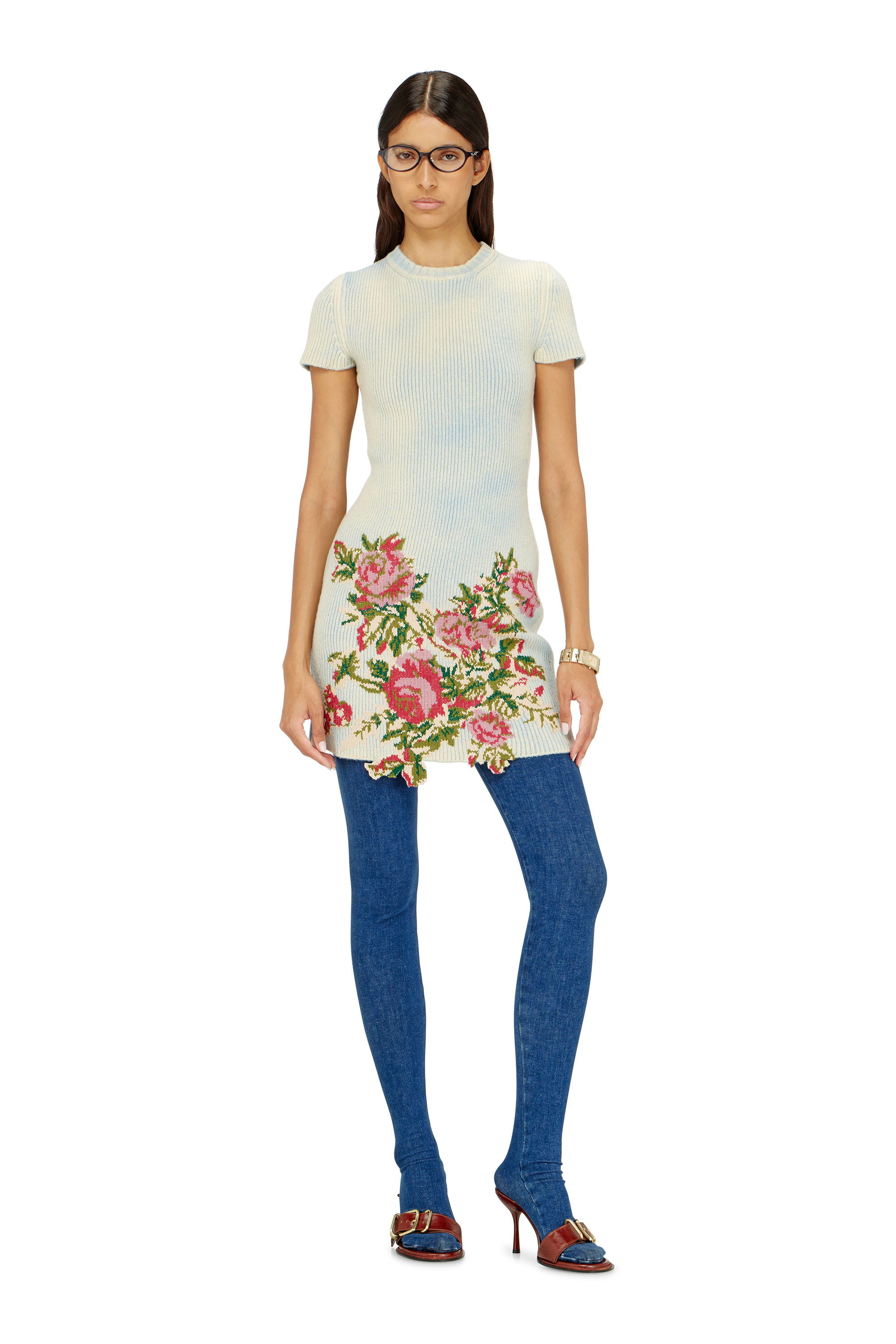 Diesel - M-RINNIE, Woman's Short dress in floral wool-blend knit in White - 1