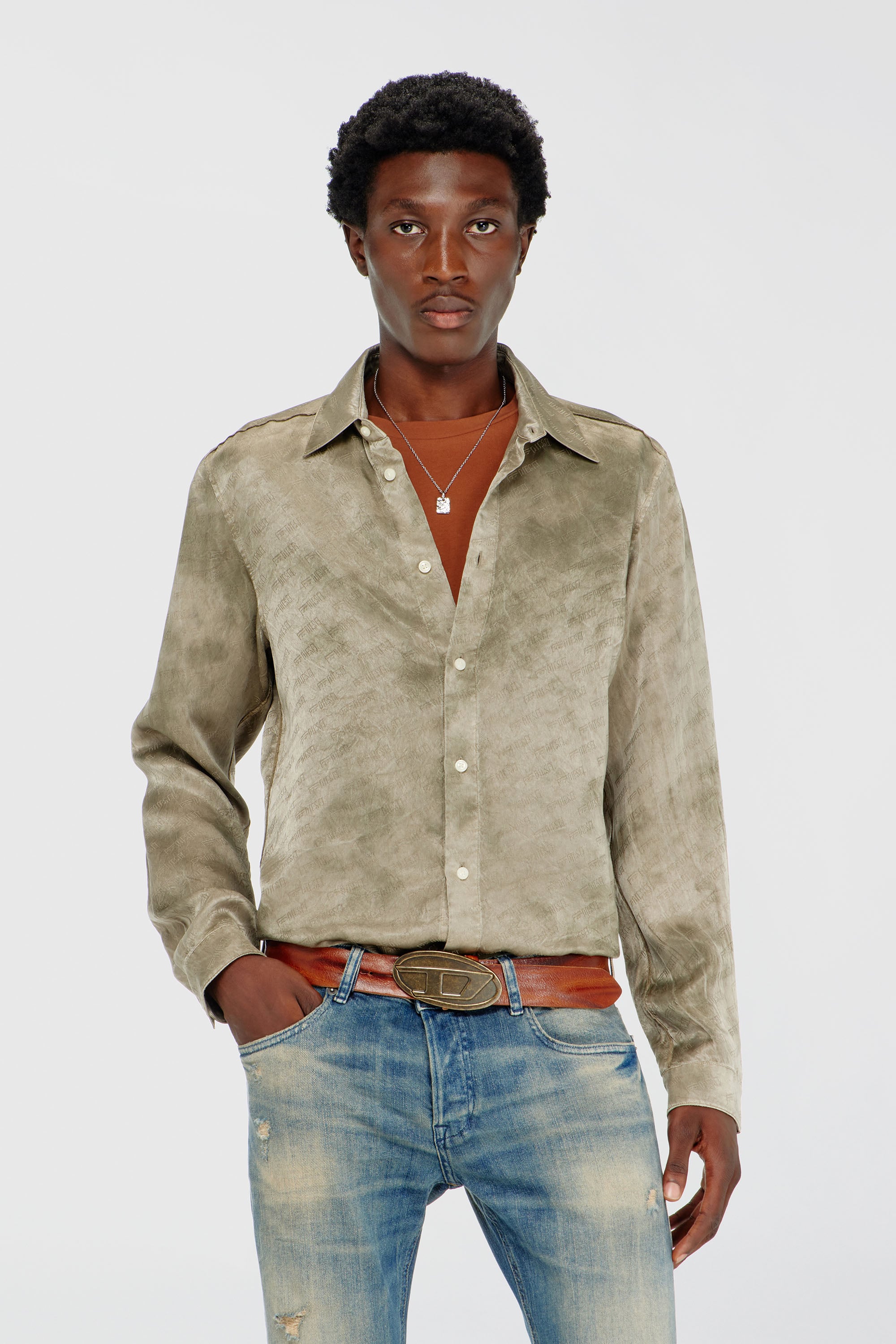 Diesel - S-KISSY-HNBW, Man's Shirt in logo-jacquard crinkled satin in Light Brown - 2