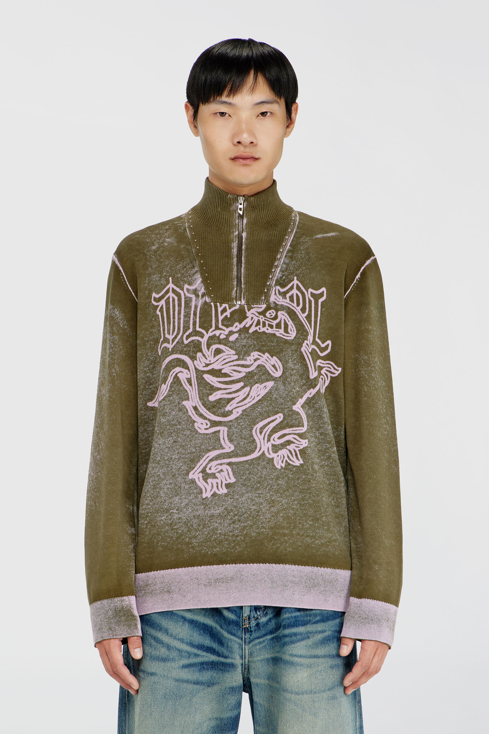 Diesel - K-LAUTARE, Man's Treated half-zip jumper with griffin motif in Military Green - 3