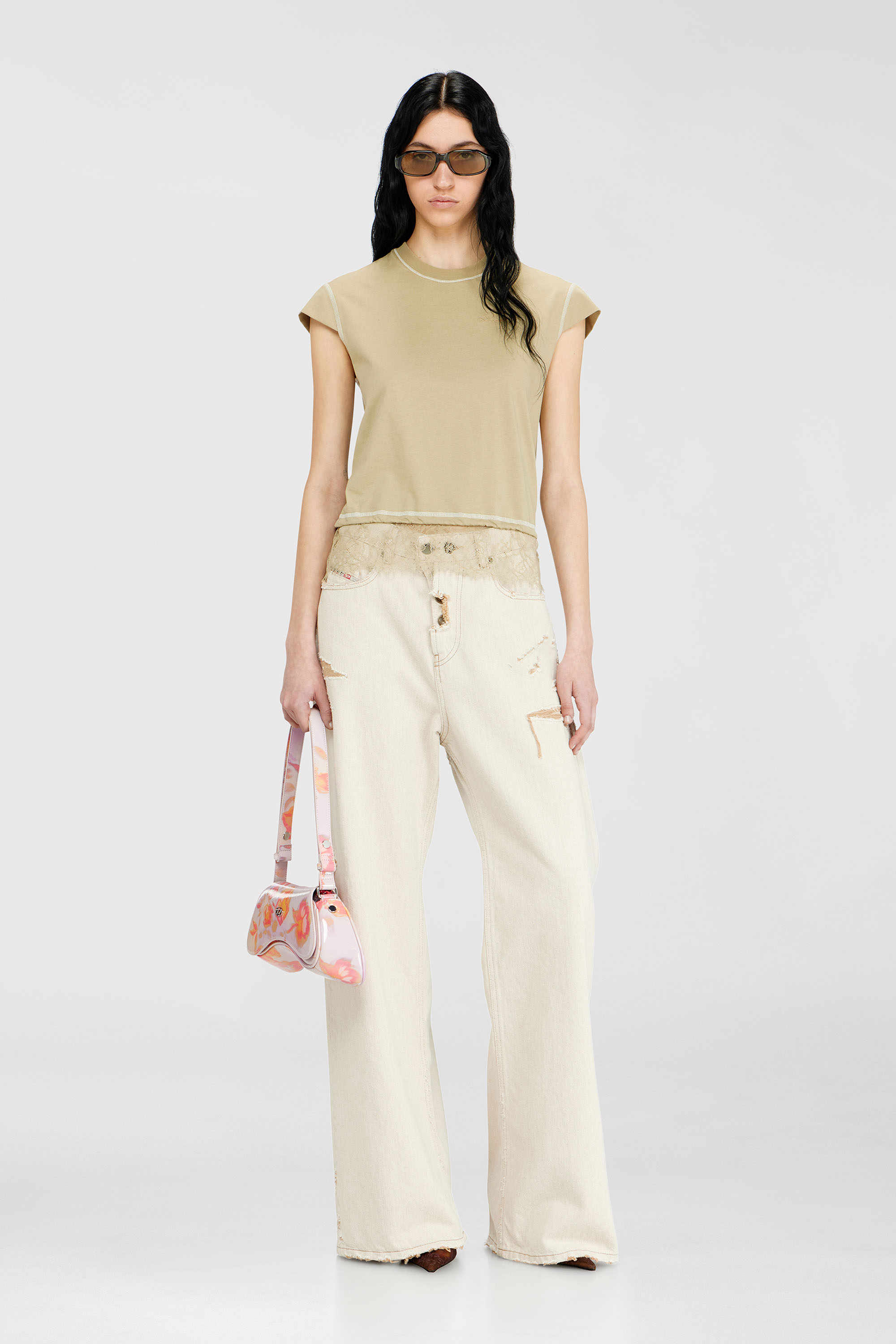 Diesel - T-LUNA, Woman's Jersey top with lace hem in Beige - 2