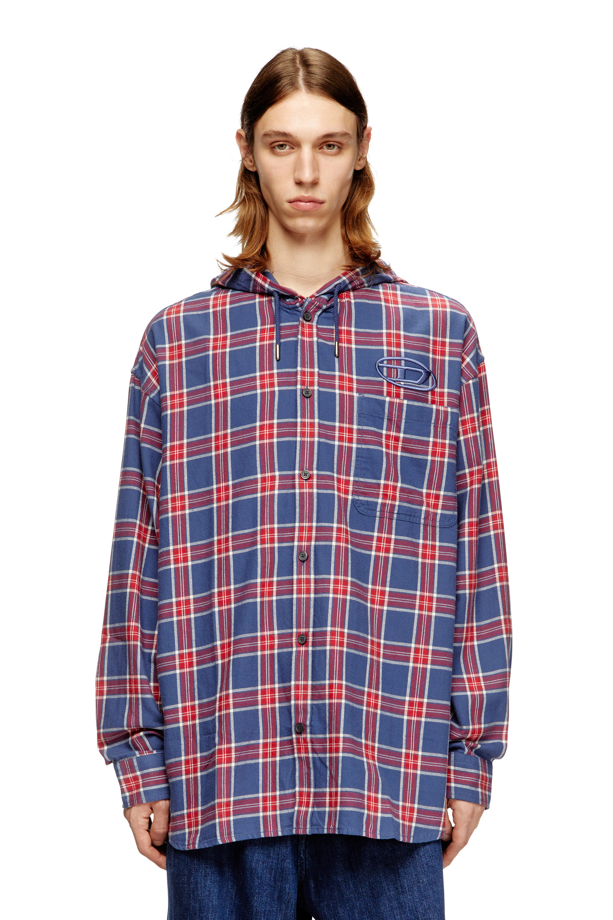 S-DEWNY-HOOD-AJFI, Blue/Red Diesel - S-DEWNY-HOOD-AJFI, Man's Cotton hooded shirt with 3D embroidery in Blue/Red - 3