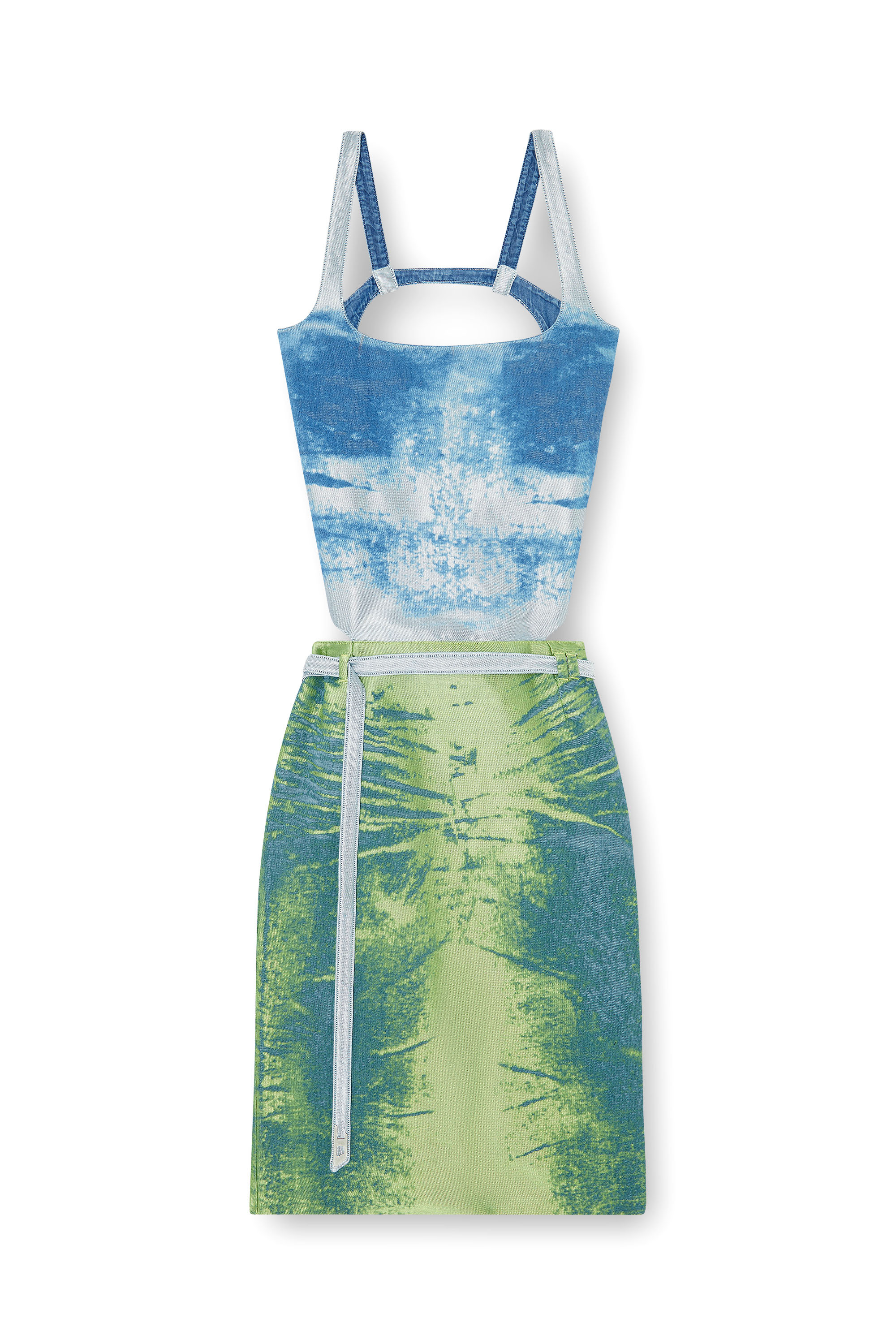 Diesel - DE-SANAT-FSI, Woman's Open-back apron dress in coloured satin denim in Blue/Green - 1