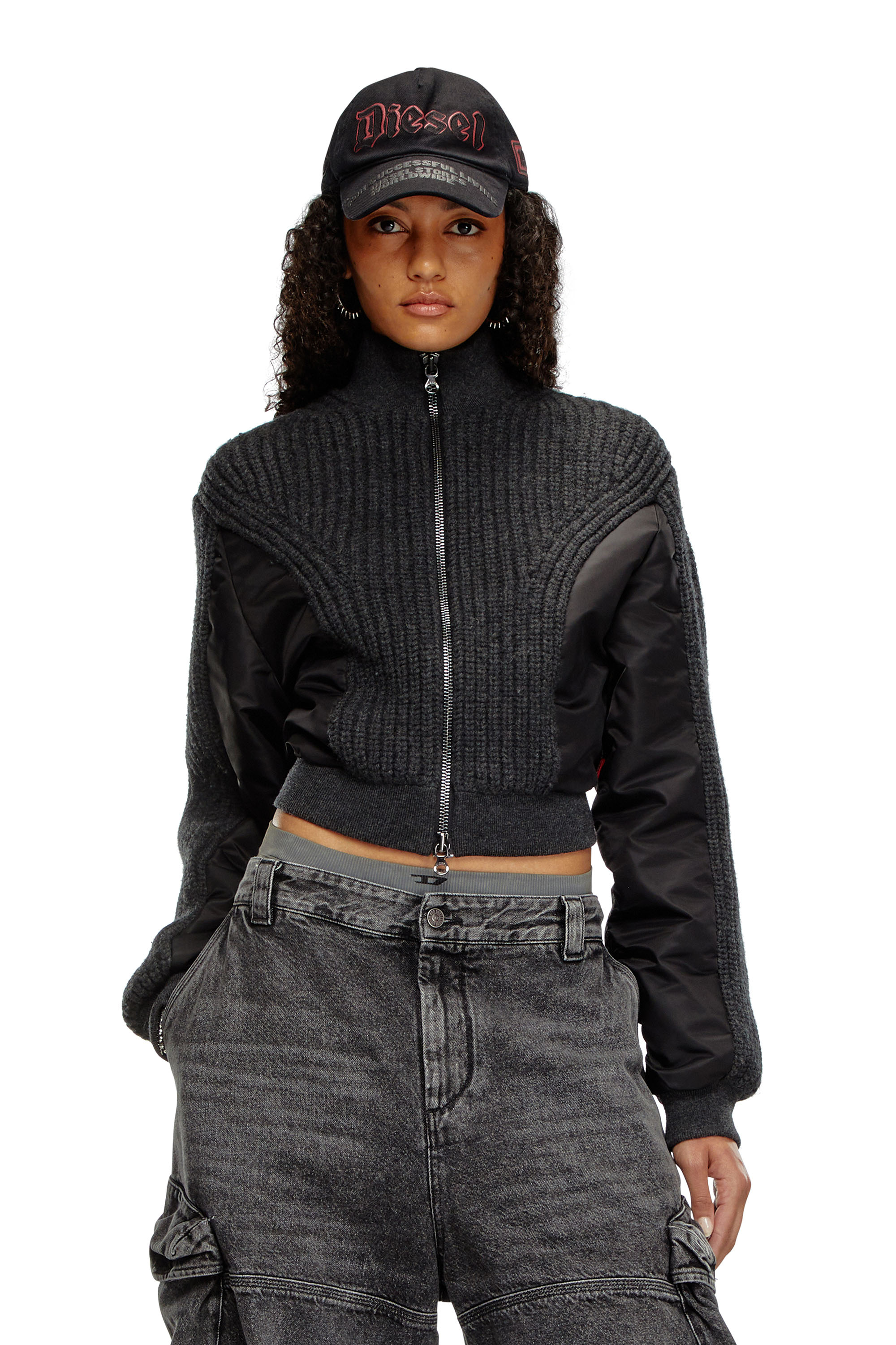 Diesel - M-ODENA, Woman Jacket in wool knit and padded nylon in Black - Image 1