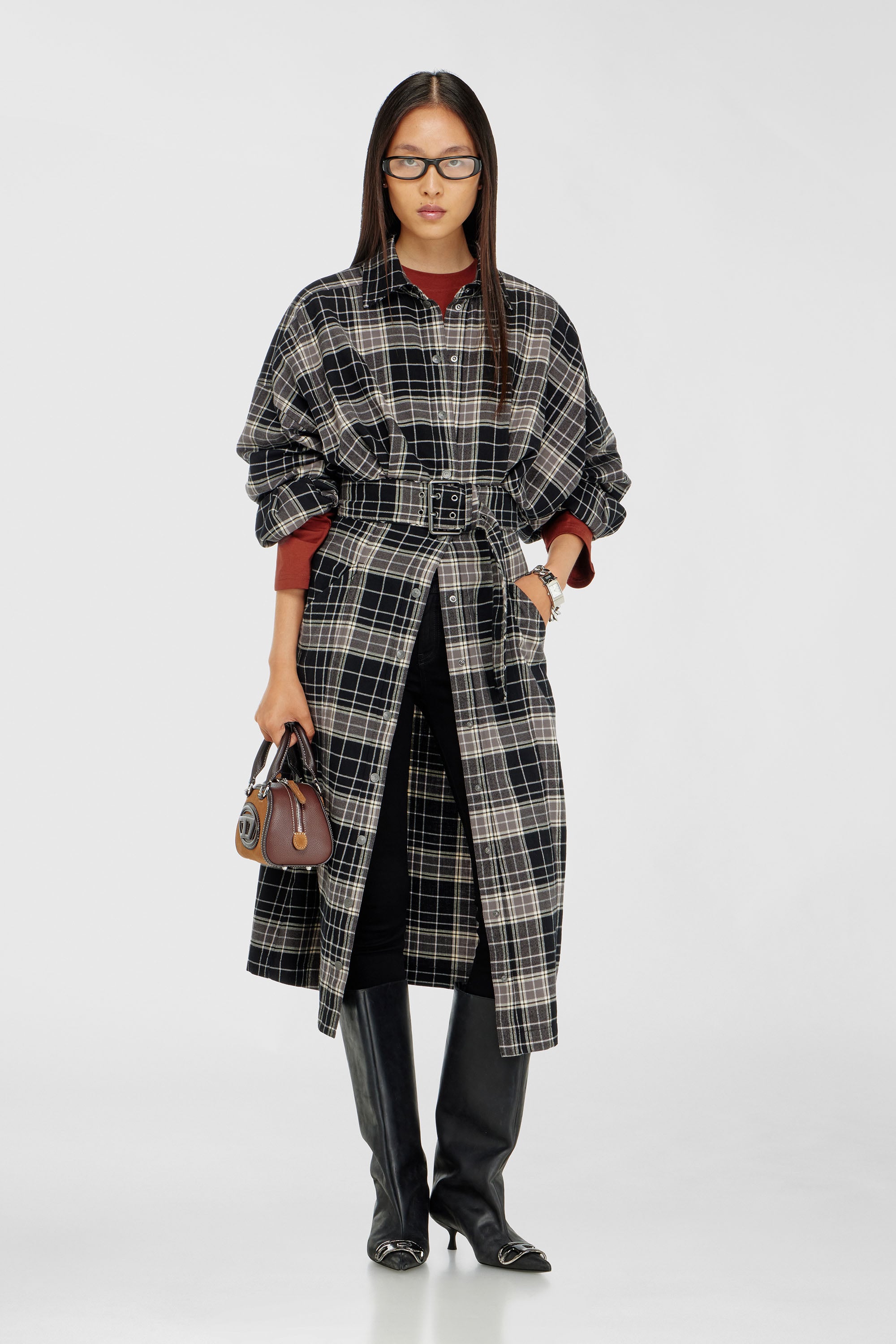 Diesel - D-EDALUS, Woman's Midi dress in check flannel with wide belt in Grey/Black - 2