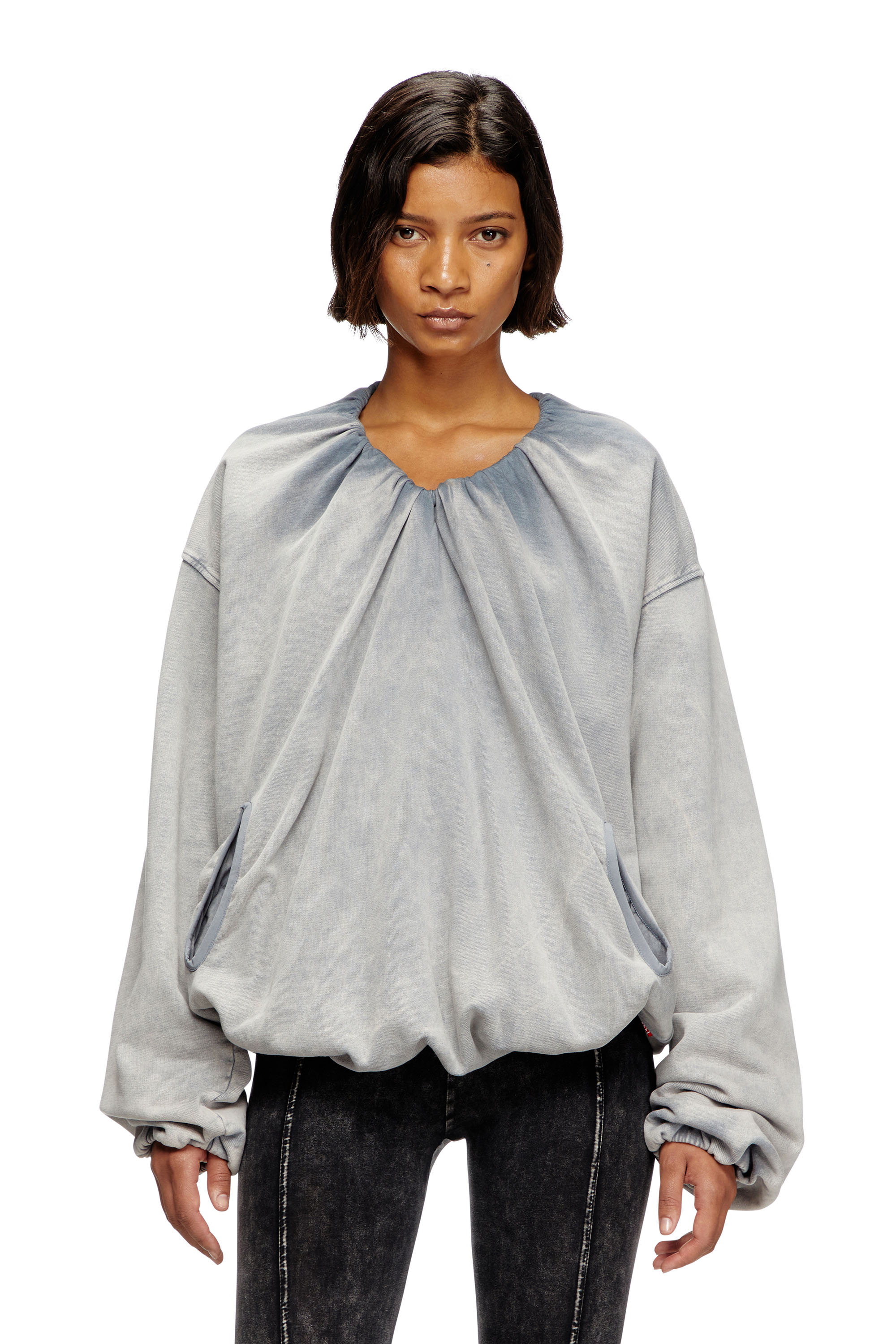 Diesel - F-INDY, Woman's Gathered sweatshirt with bleached effect in Light Grey - 1