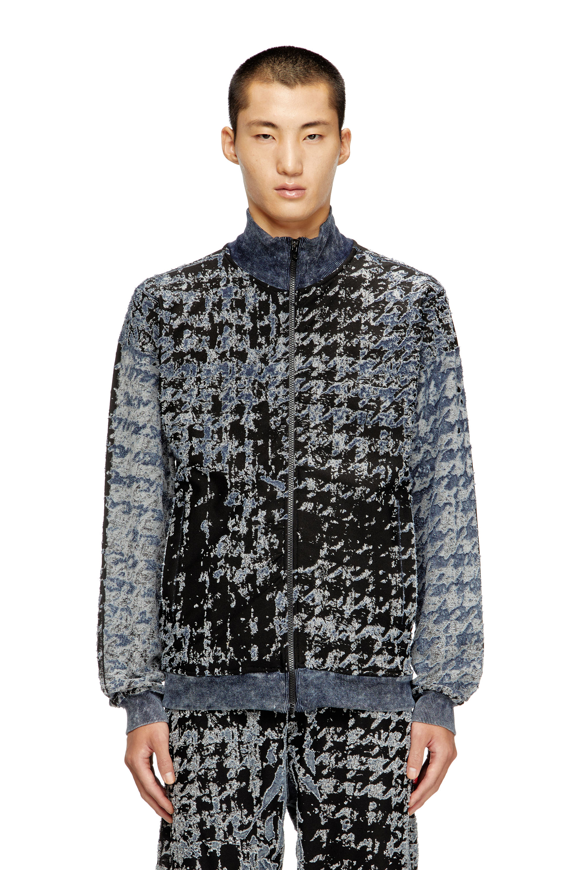 S-CORR, Black/Blue Diesel - S-CORR, Man's Devoré houndstooth zip-up top in Black/Blue - 3