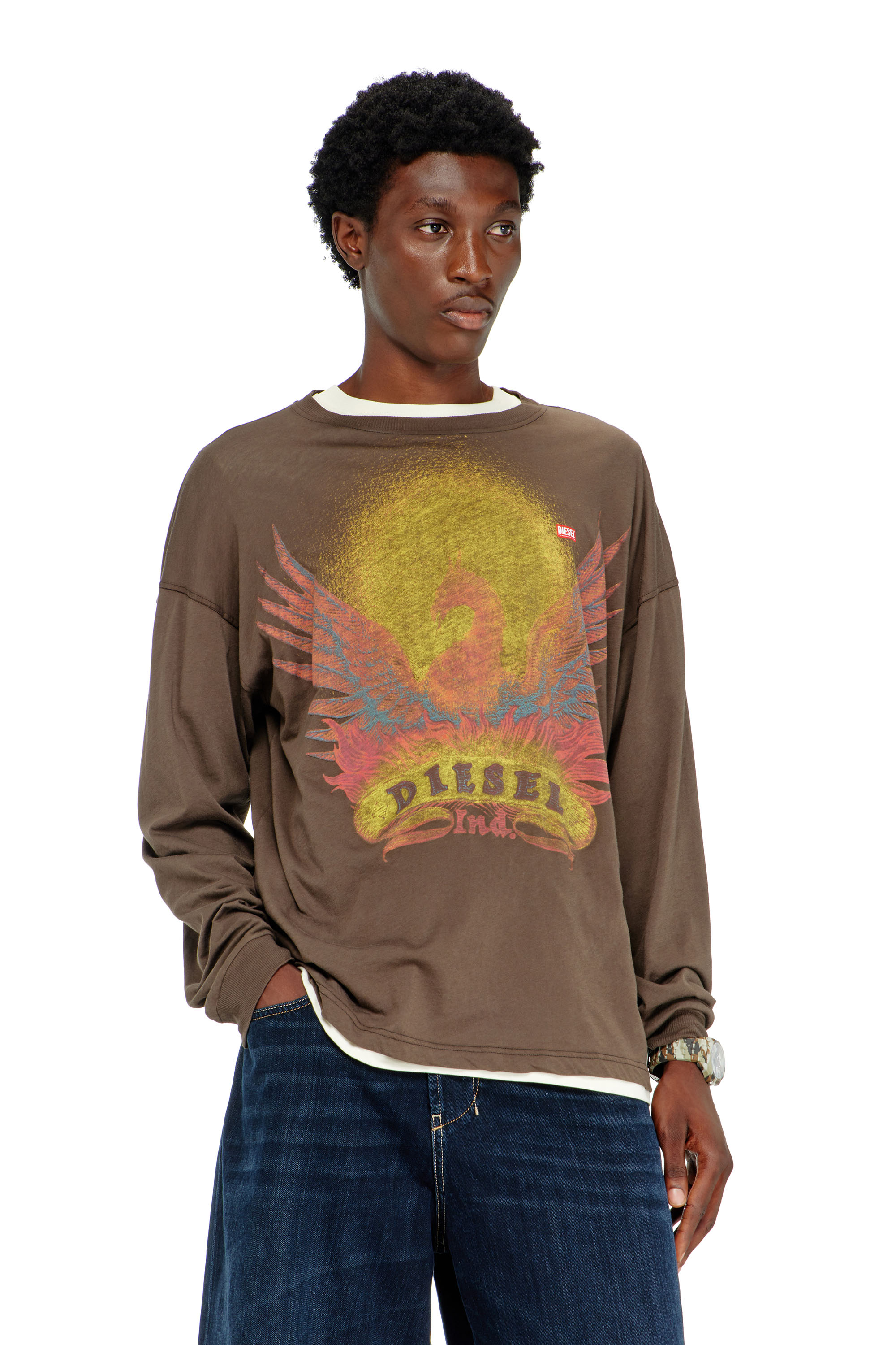 Diesel - T-BOXT-LS-AA1, Man's Long sleeve T-shirt with Phoenix graphic in Brown - 1