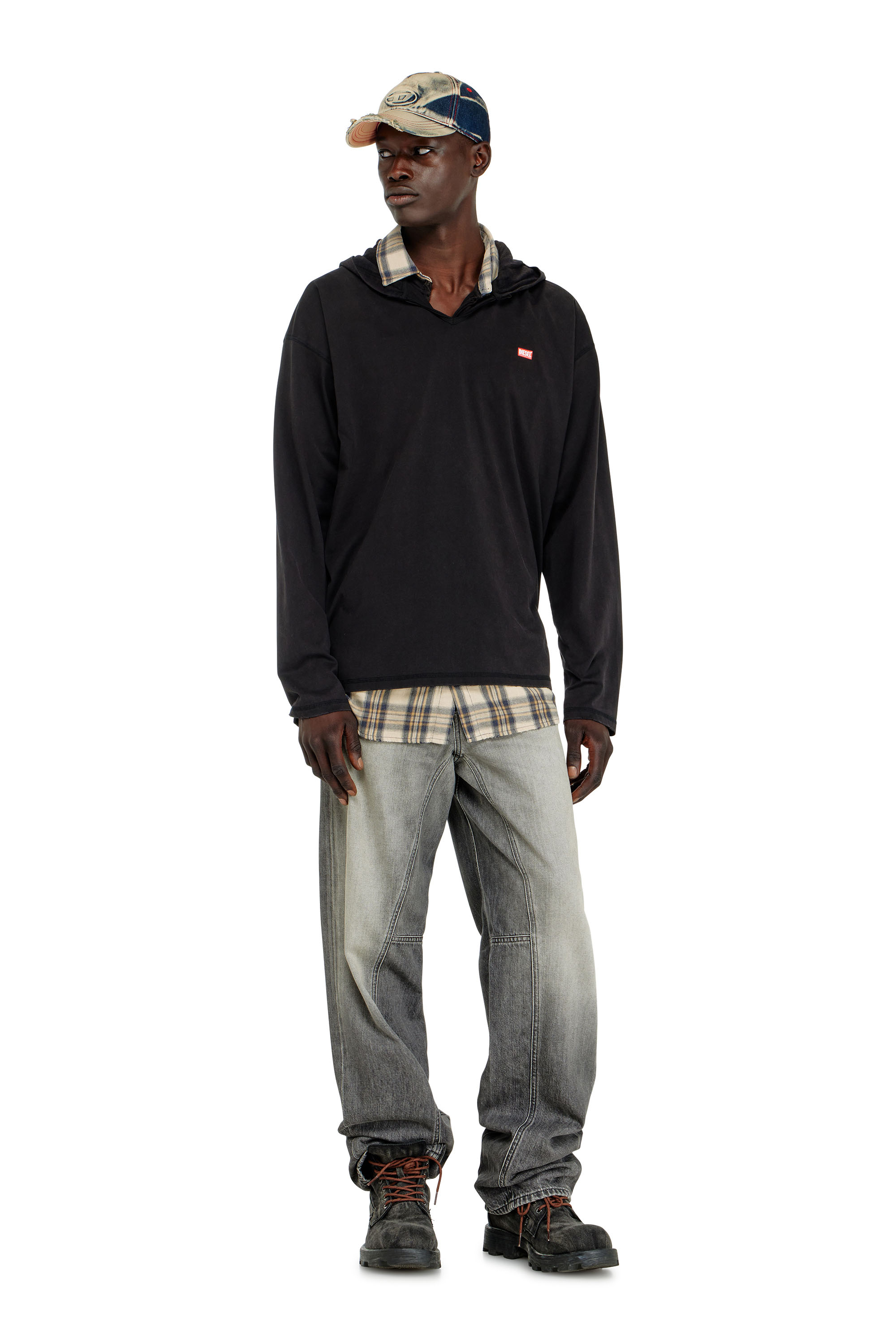 Diesel - T-BOXT-LS-HOOD-CHECK, Man's Long-sleeve T-shirt with flannel hood in null - 2