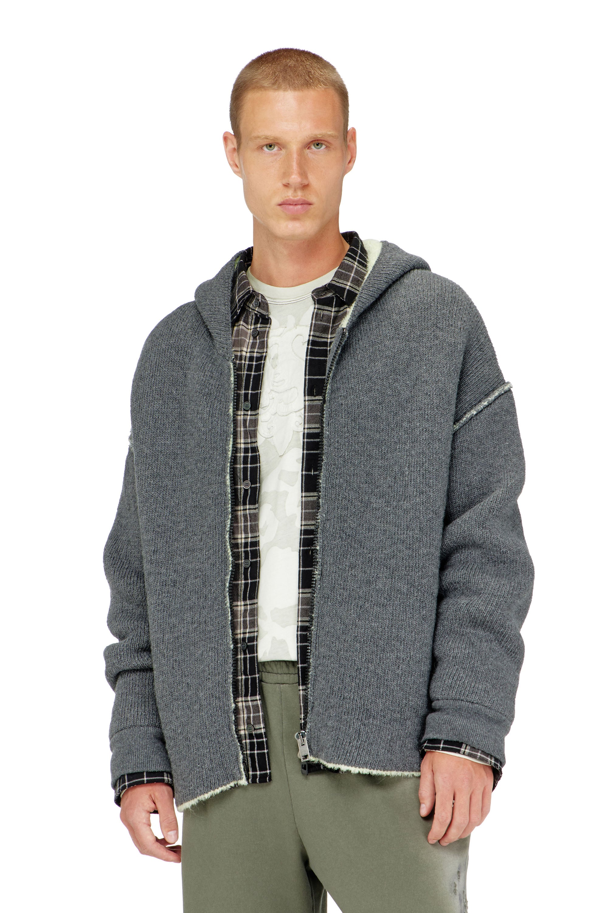 Diesel - K-BOUBBY, Man's Zip-up hoodie in dual-texture knit in Grey - 1