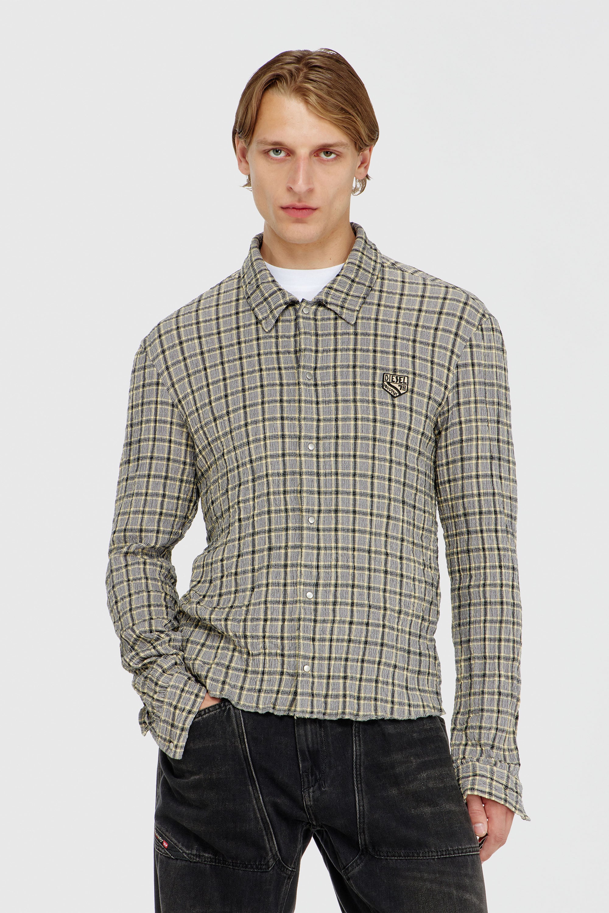Diesel - S-SEERK, Man's Check shirt with seersucker effect in Green/Grey - 2
