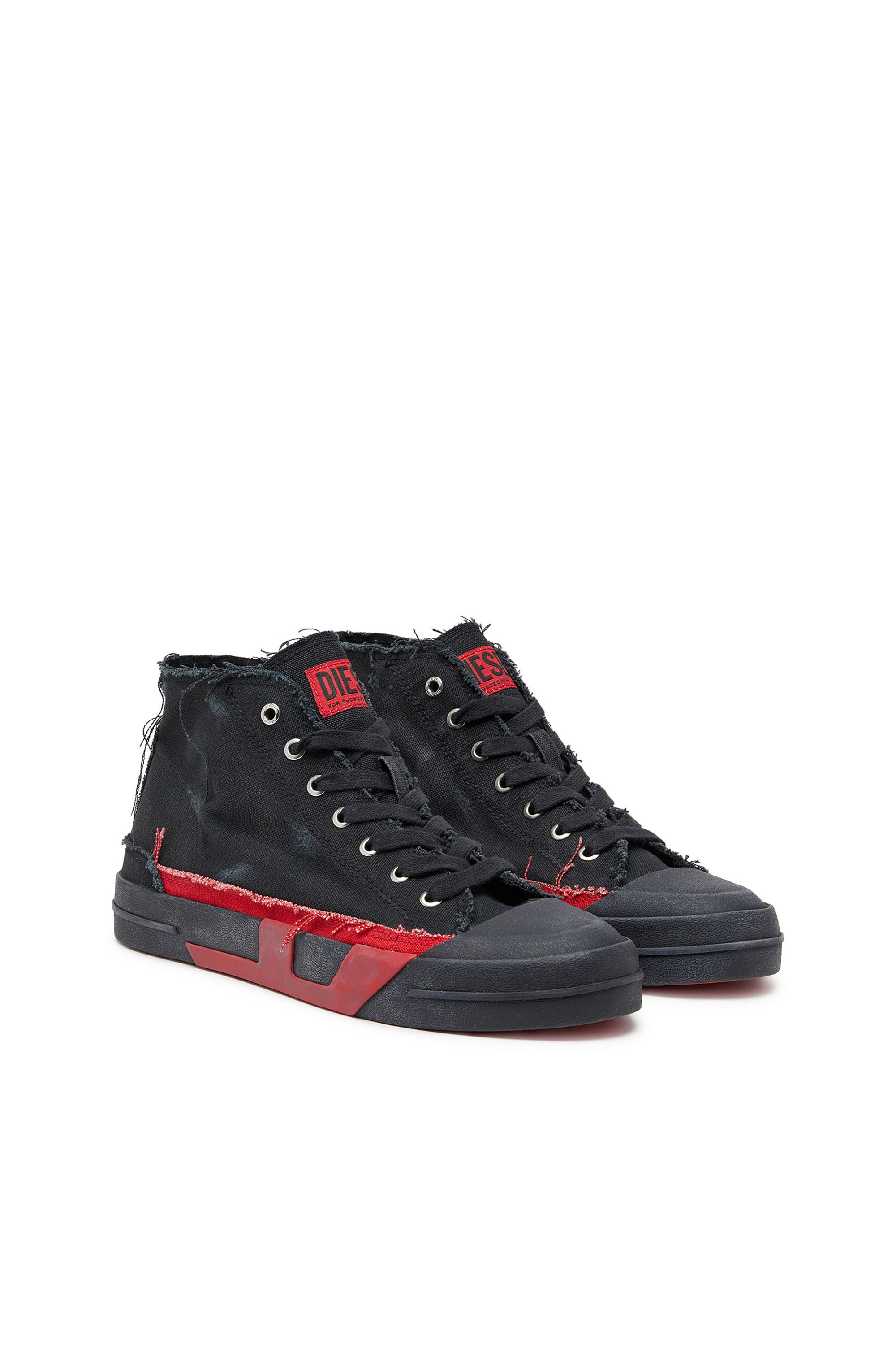 Diesel - S-D-VERSE MID II, Man's S-D-Verse-Distressed high-top sneakers in canvas in Black/Red - 2