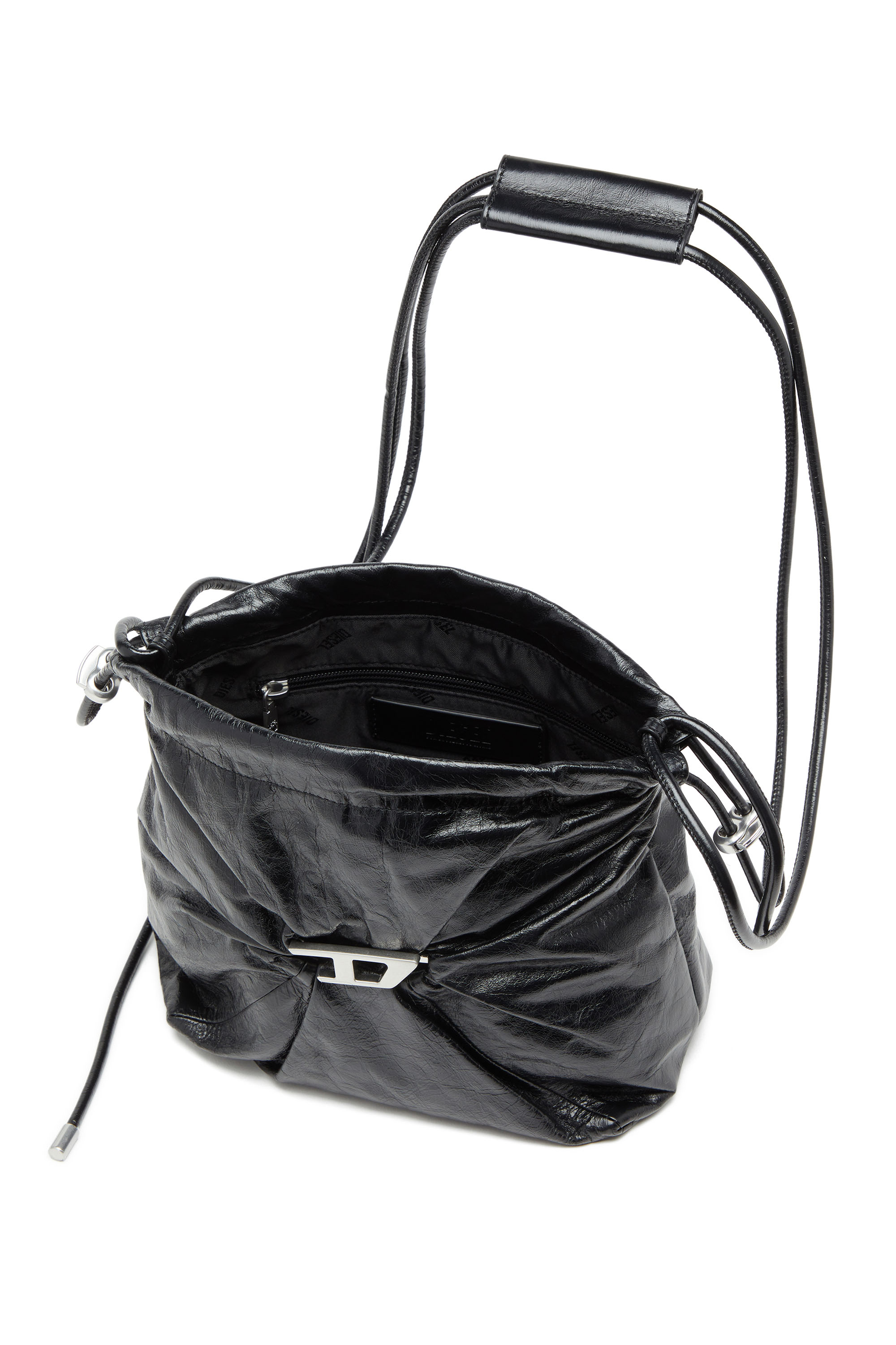 Diesel - SCRUNCH-D BUCKET, Woman's Scrunch-D-Bucket bag in shiny wrinkled leather in Black - 3