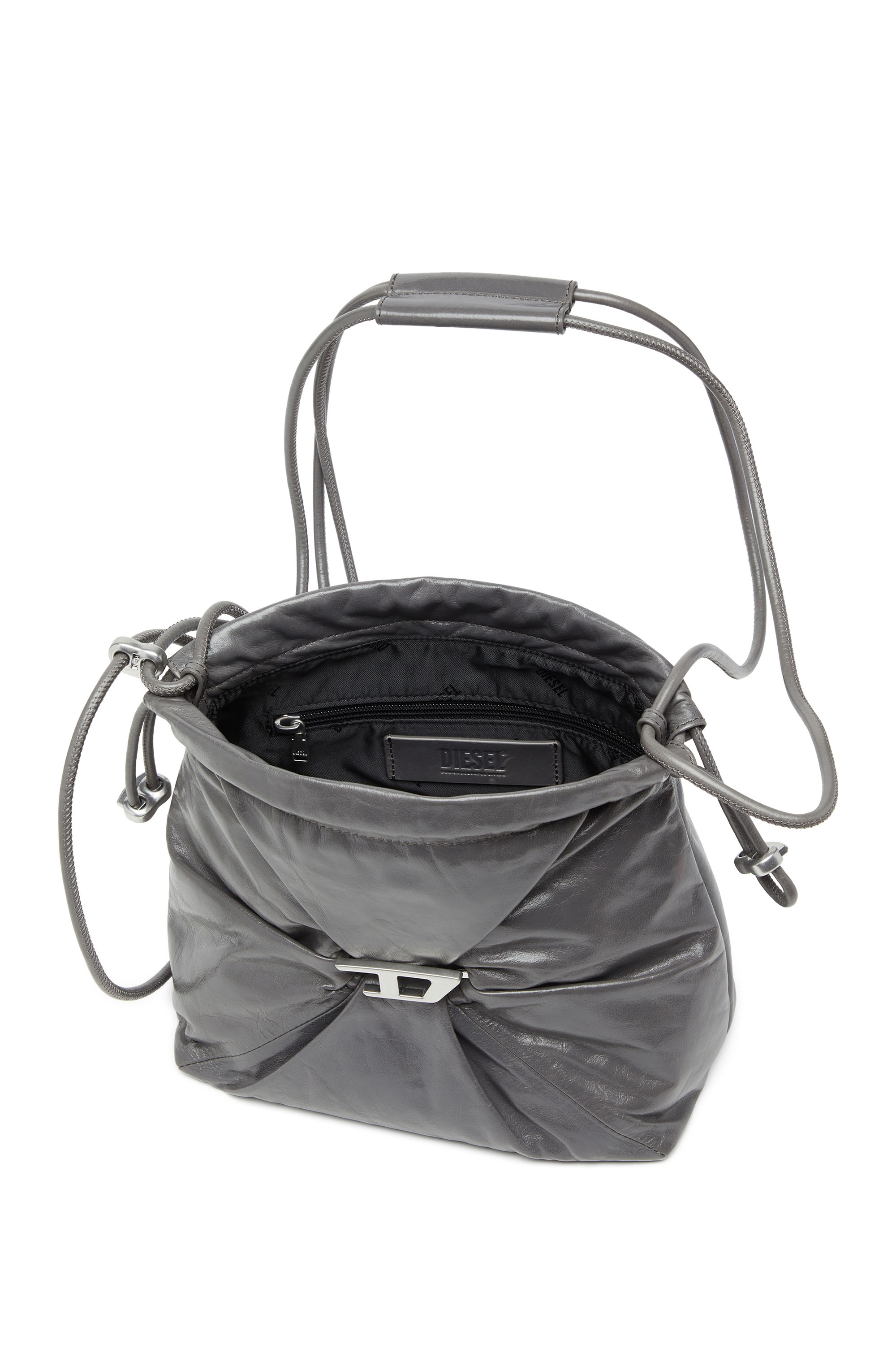Diesel - SCRUNCH-D BUCKET, Woman's Scrunch-D-Bucket bag in shiny wrinkled leather in Grey - 3