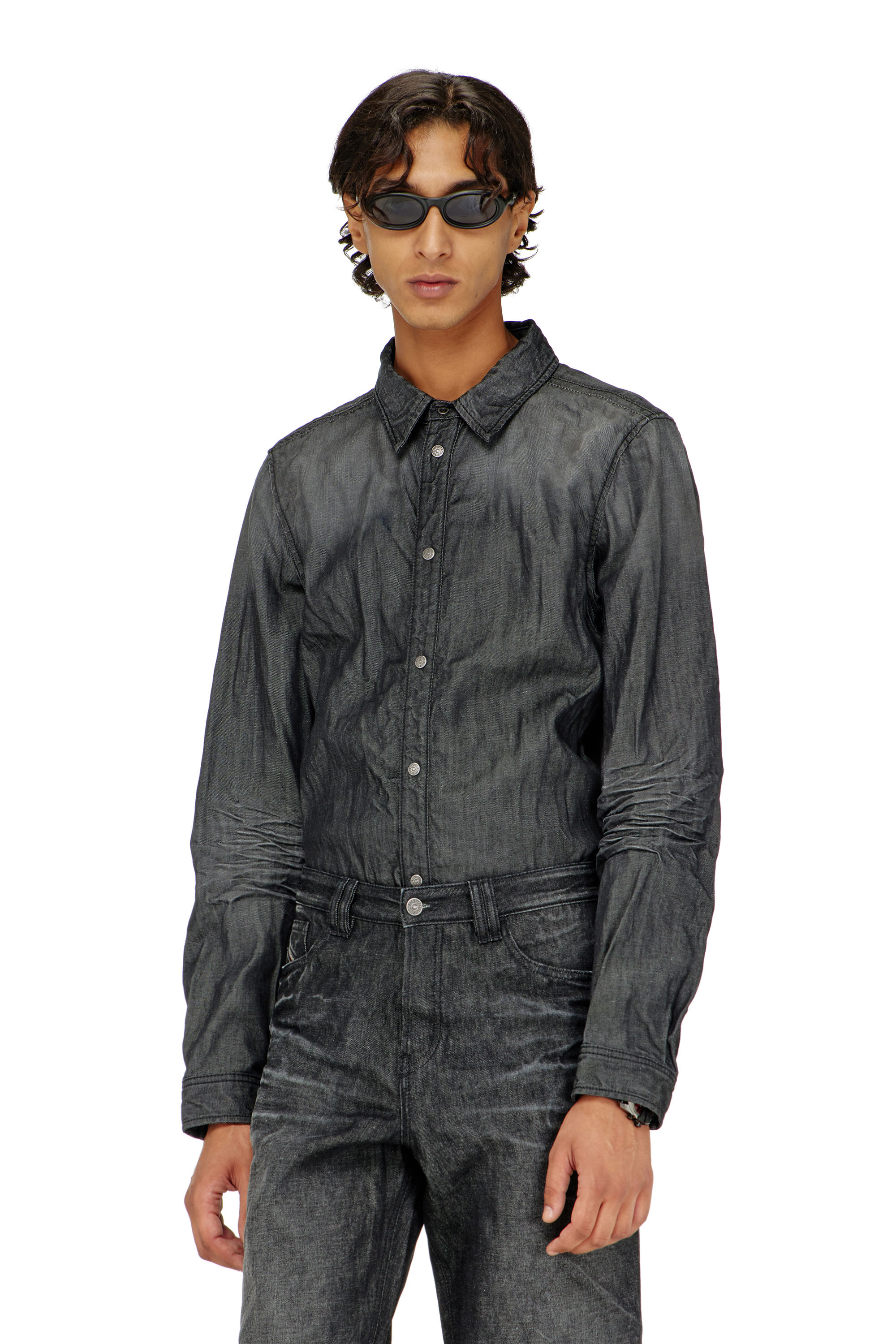 Diesel - D-SYNAR-FSJ2, Man's Shirt in creased denim in Black/Dark grey - 3