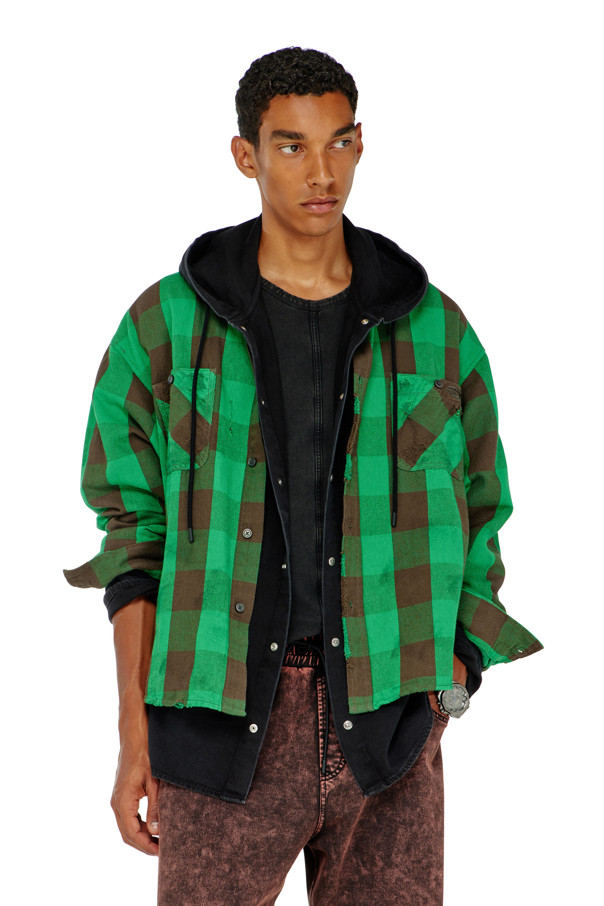 Diesel - S-DRUM, Man's Check flannel shirt with distressed effect in Green/Brown - 1