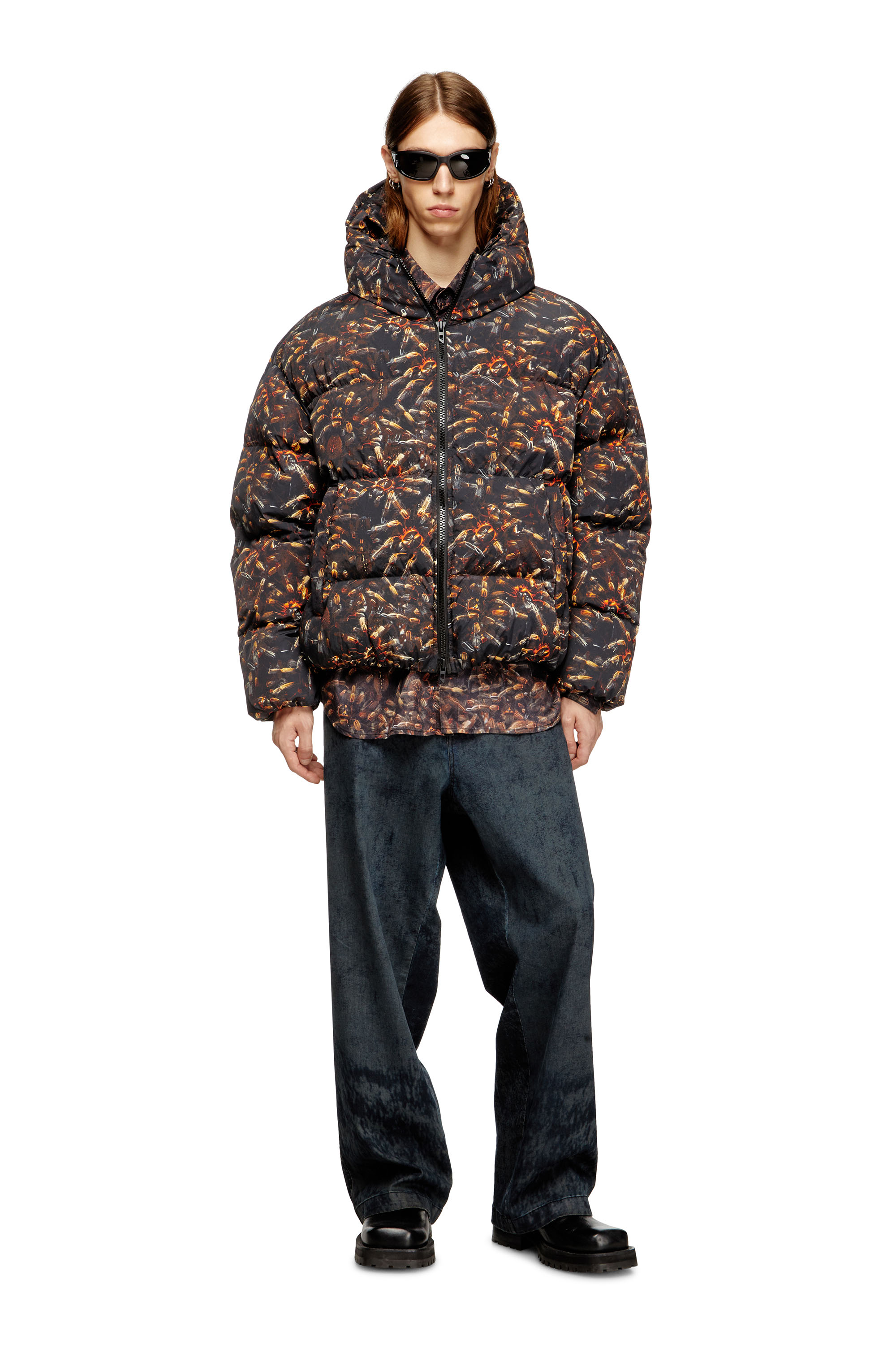 Diesel - W-SPIDER, Man's Hooded puffer jacket with spider print in Black/Brown - 2