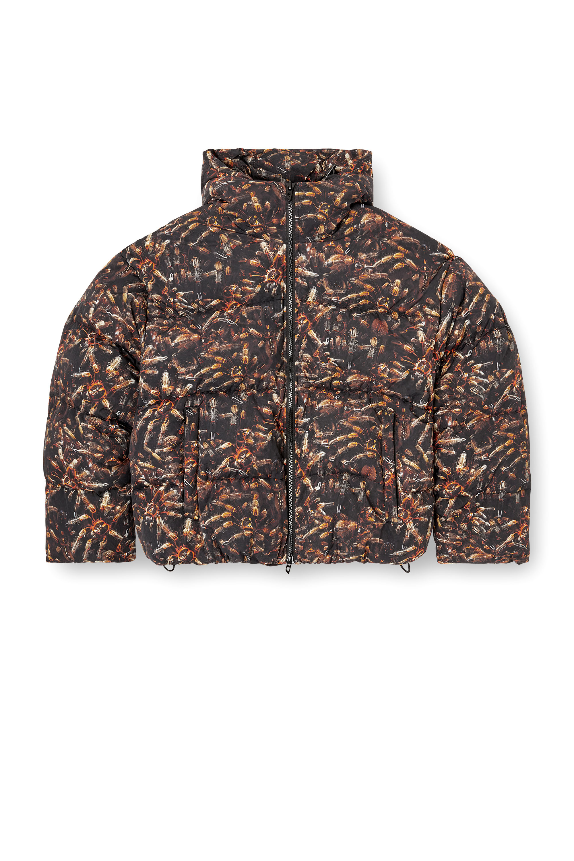 Diesel - W-SPIDER, Man's Hooded puffer jacket with spider print in Black/Brown - 3