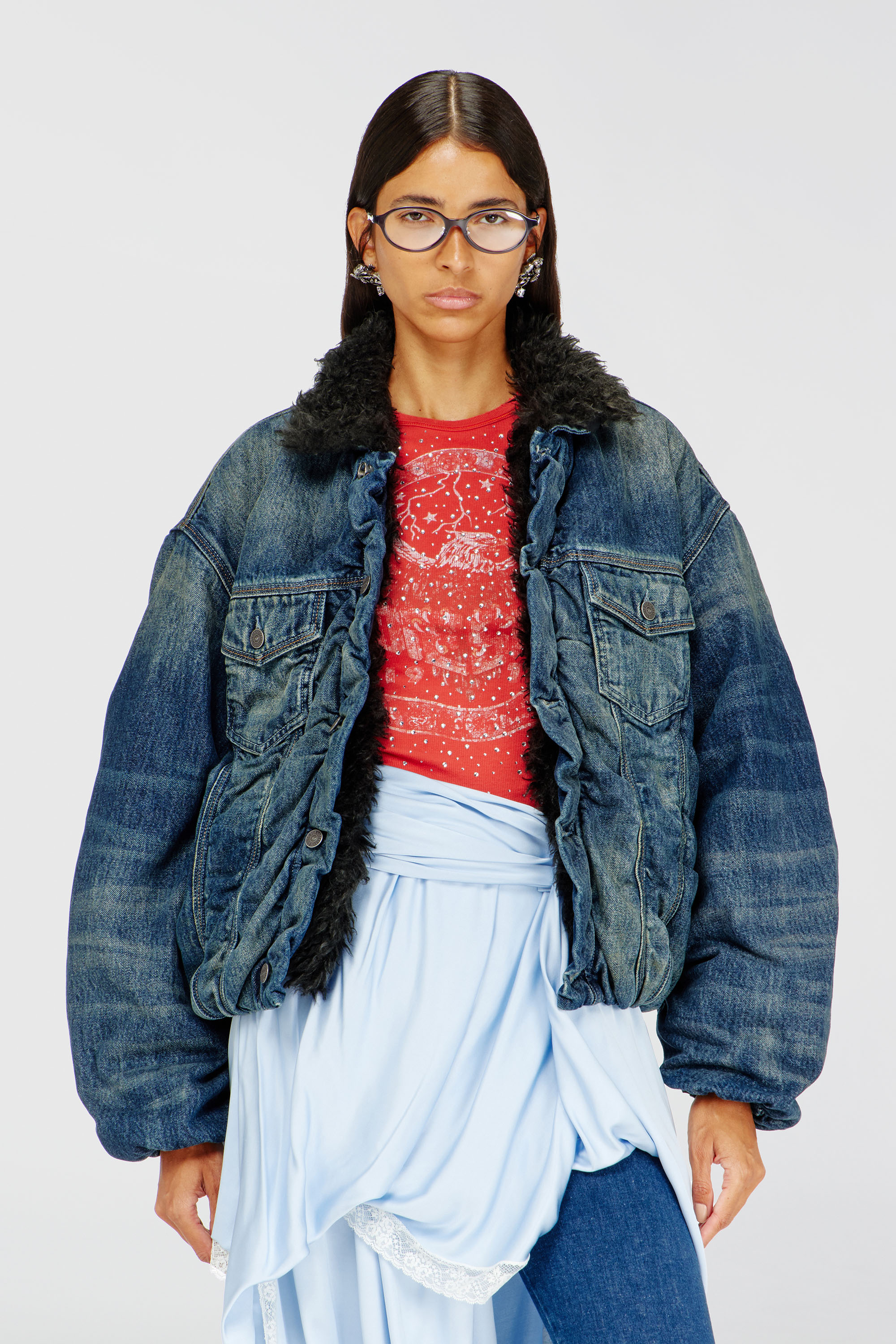 Diesel - D-CURLY-FSJ1, Unisex's Teddy-lined trucker jacket in denim in Dark Blue - 1