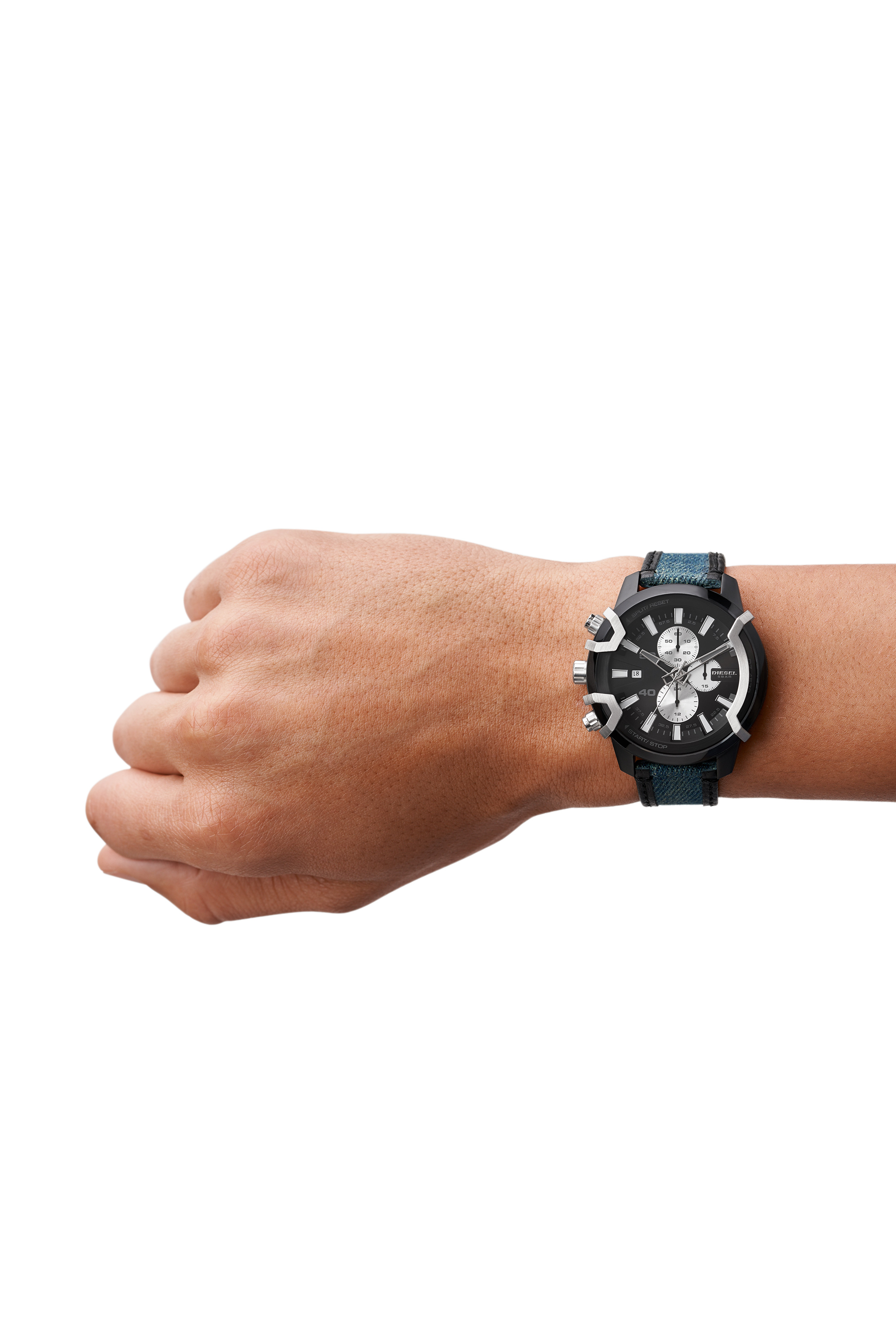 Diesel - DZ4572, Man's Griffed chronograph two-tone denim and leather watch in Blue - 4