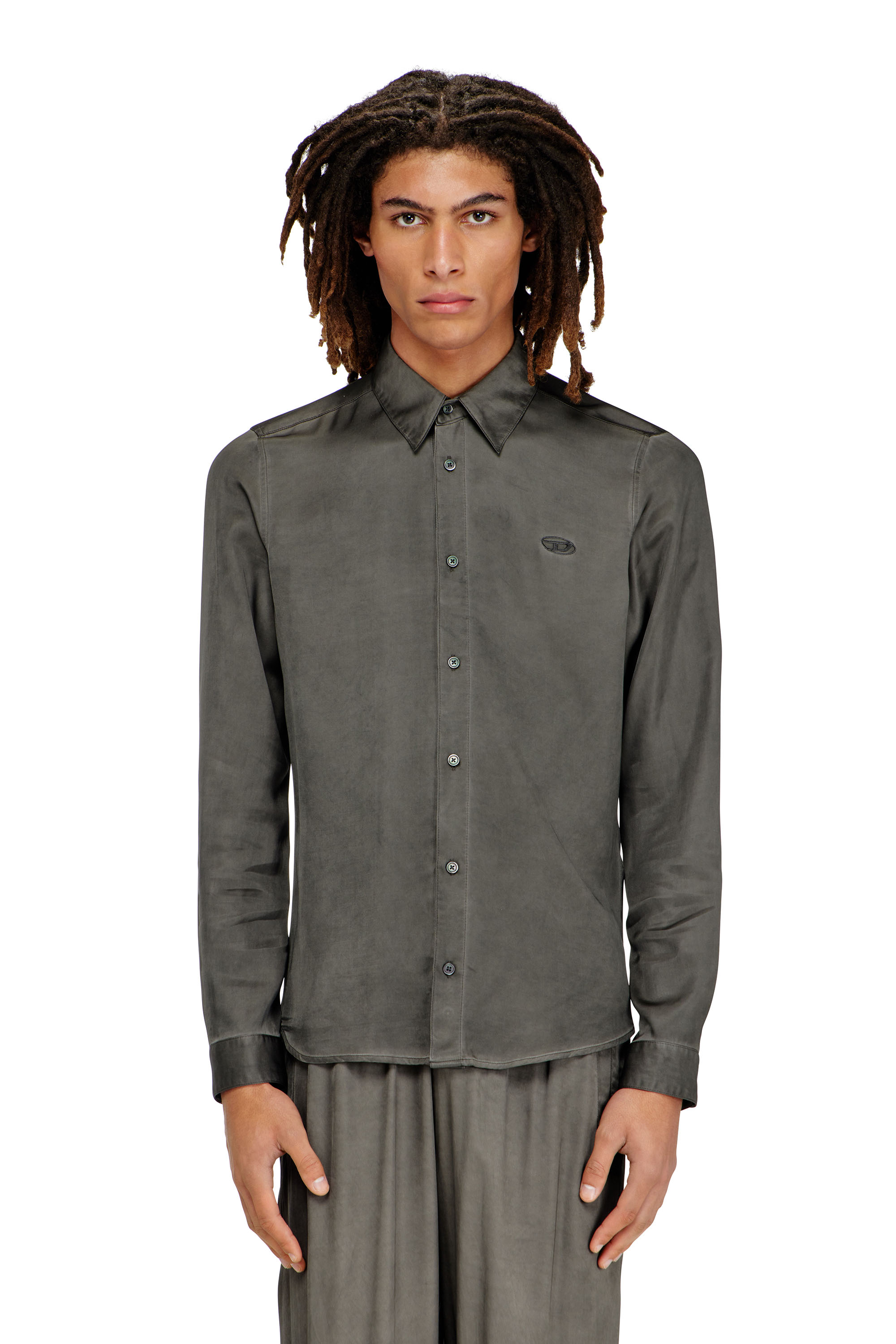Diesel - S-KINNY-ALBG, Man's Shirt in treated fluid viscose in Dark grey - 1