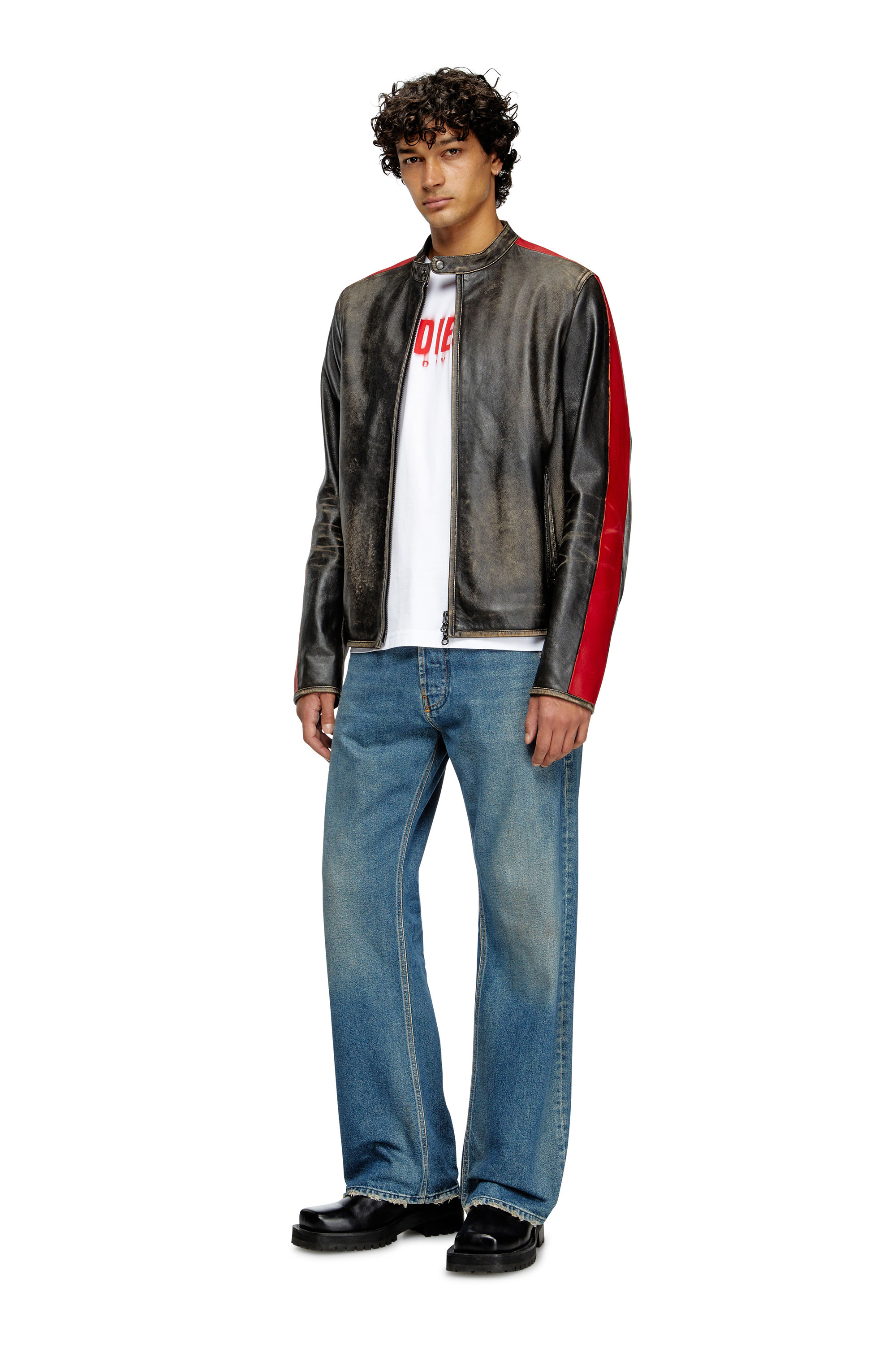 Diesel - L-RENN, Man's Leather jacket with contrasting stripes in Black/Red - 1