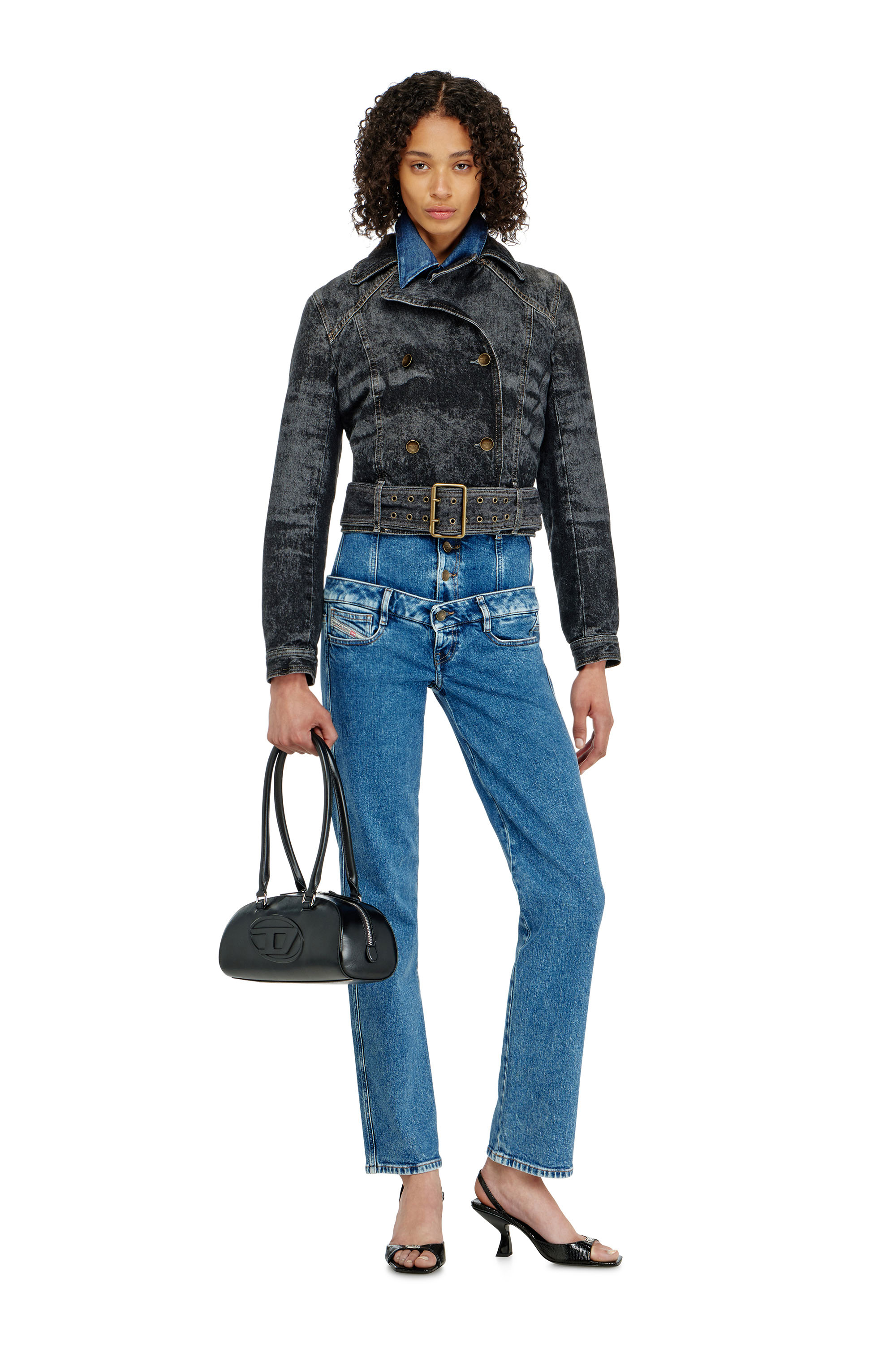 Diesel - DE-LEGEND-S, Woman's Cropped denim jacket with belt in Black/Dark grey - 2