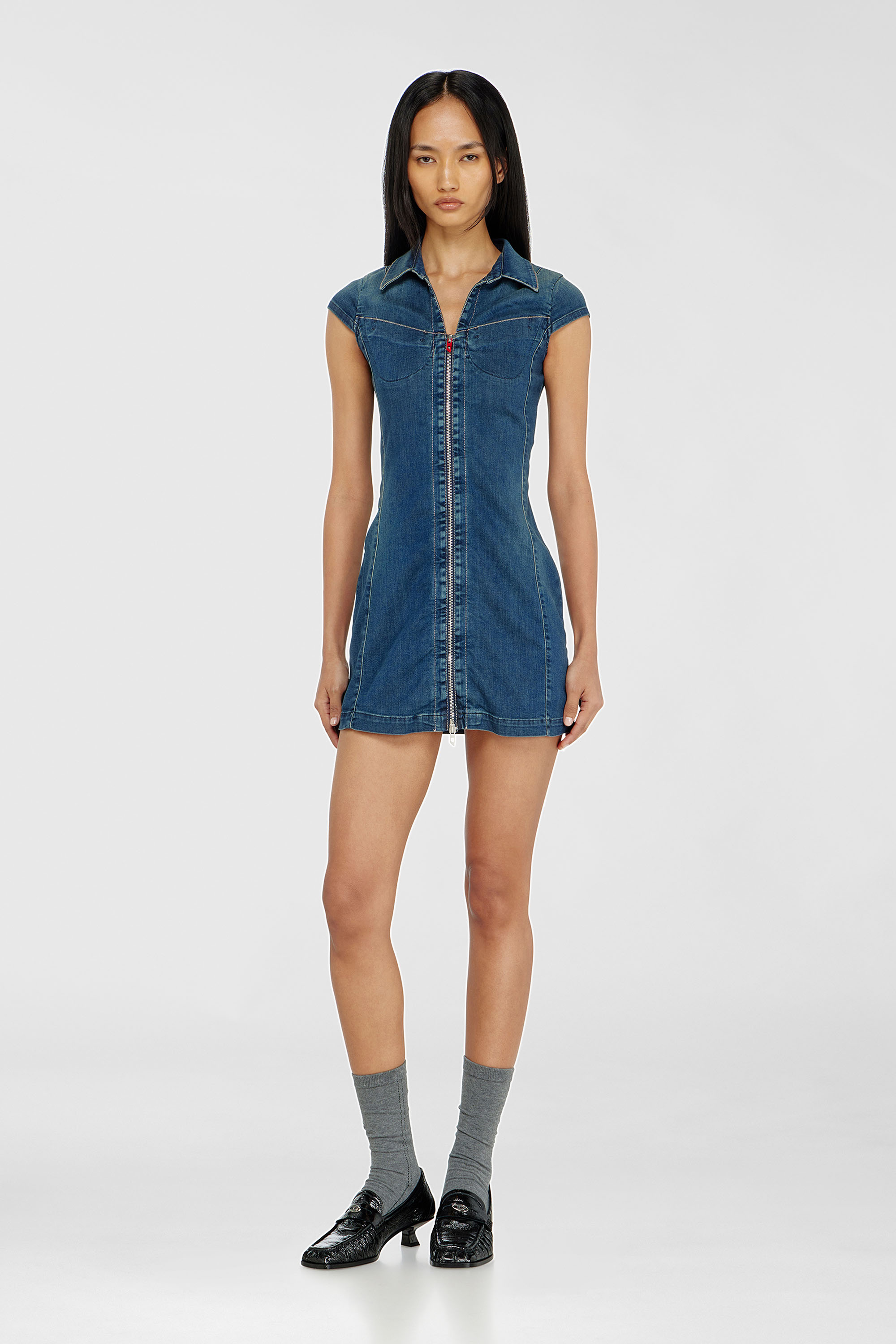Diesel - DE-LORVYN-S, Woman's Denim shirt dress with full zip in Medium blue - 3
