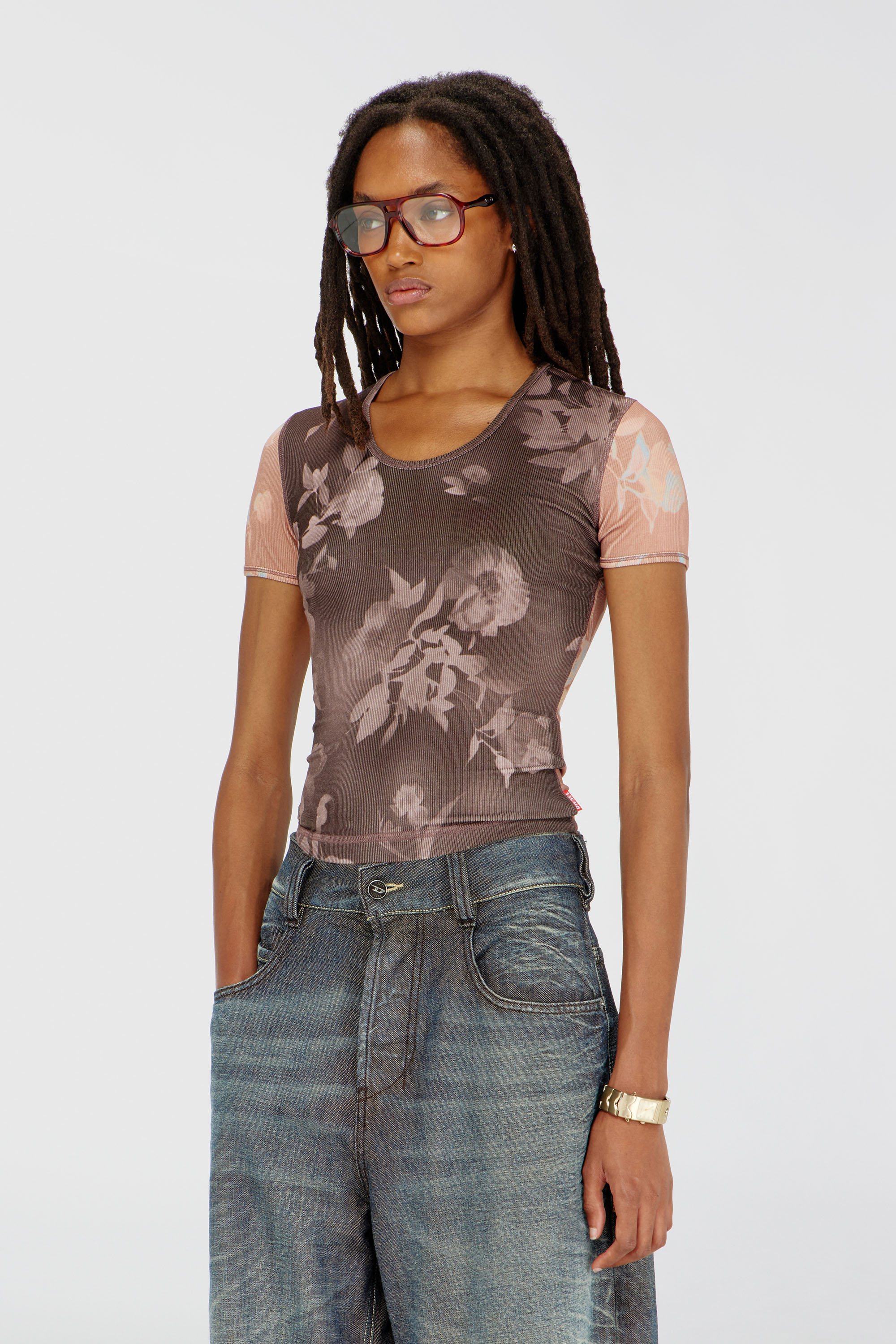 Diesel - T-ELENEWU, Woman's Top in floral-print ribbed jersey in Brown/Pink - 3