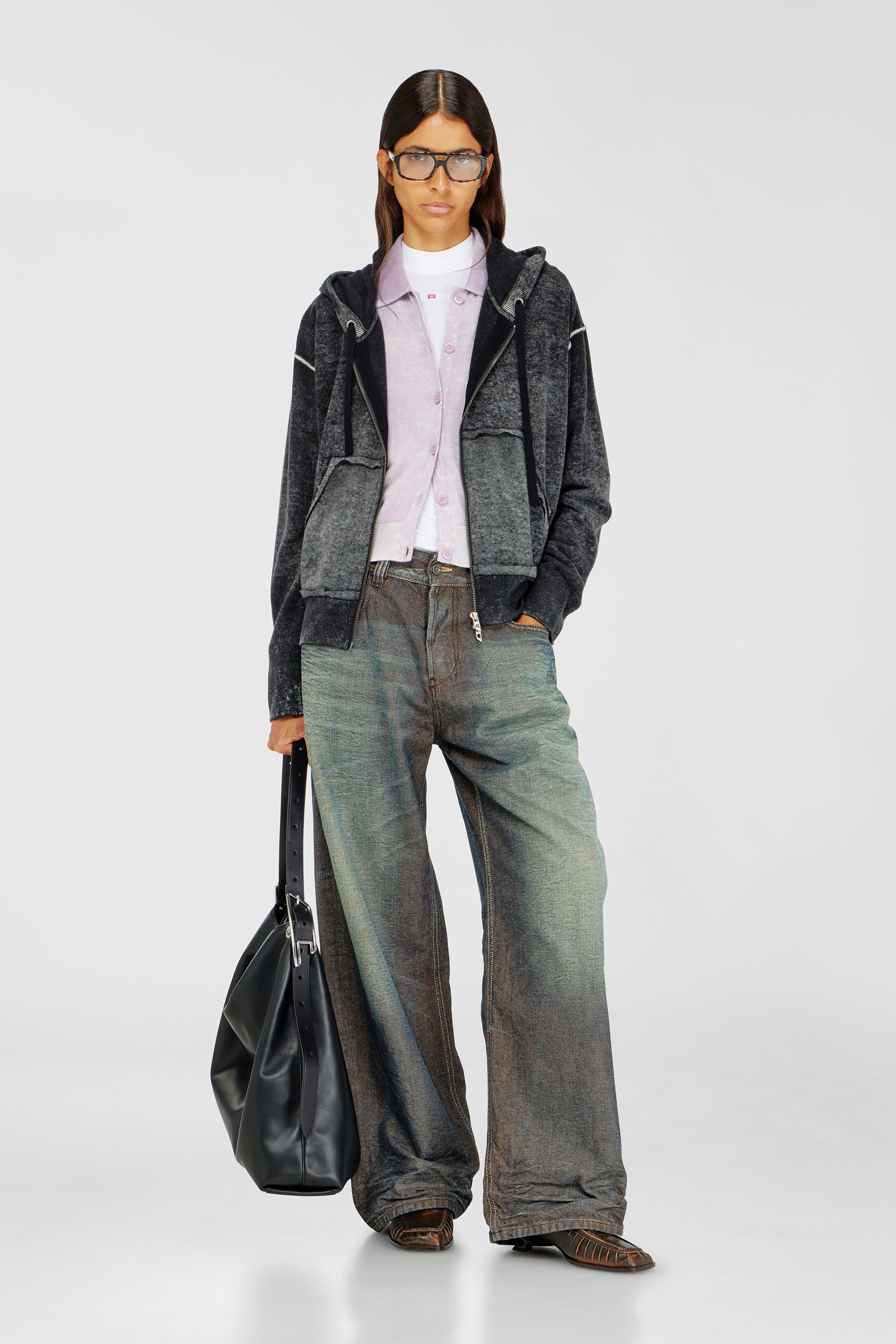 Reverse-print hooded cardigan in wool